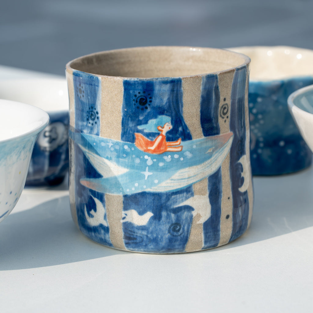 Ethereal Little Girl Flying with Whale Ceramic Coffee Mug Under Sea Espresso Mug Fairytale Style Handmade Tea Cup Fairycore Gift for Girls