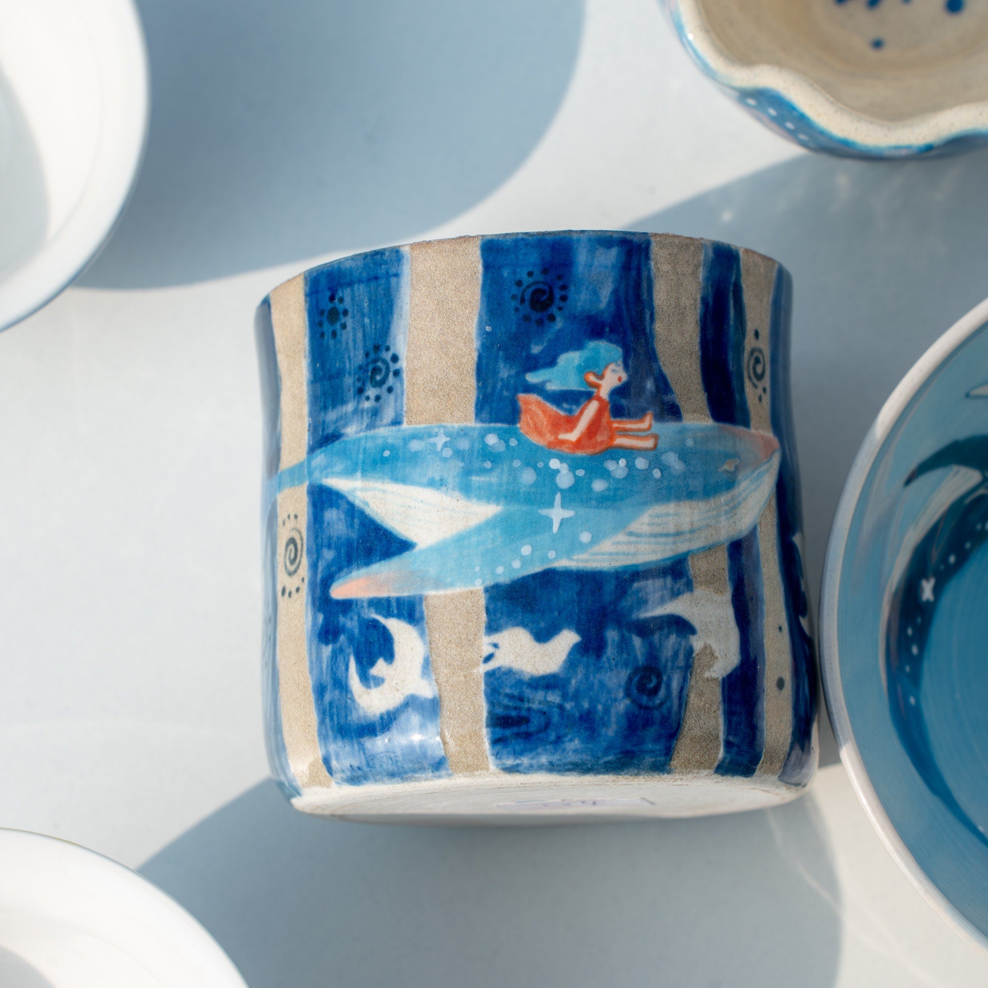 Ethereal Little Girl Flying with Whale Ceramic Coffee Mug Under Sea Espresso Mug Fairytale Style Handmade Tea Cup Fairycore Gift for Girls