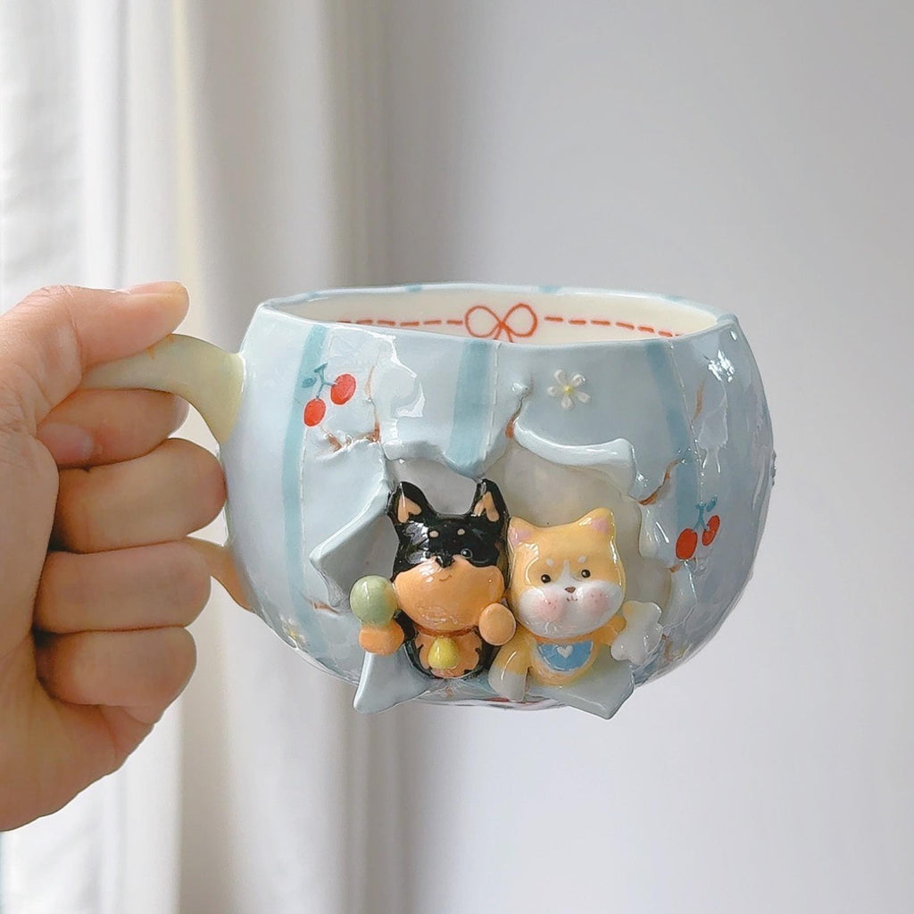 Personalized Cute Pet Coffee Mug Cat&Dog Figurine Birthday Gift Custom Handmade Cartoon Pottery Mug Handpainted 3D Beer Hot Chocoolate Cup