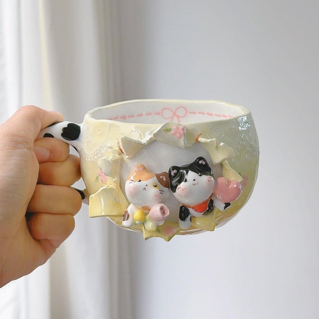 Personalized Cute Pet Coffee Mug Cat&Dog Figurine Birthday Gift Custom Handmade Cartoon Pottery Mug Handpainted 3D Beer Hot Chocoolate Cup