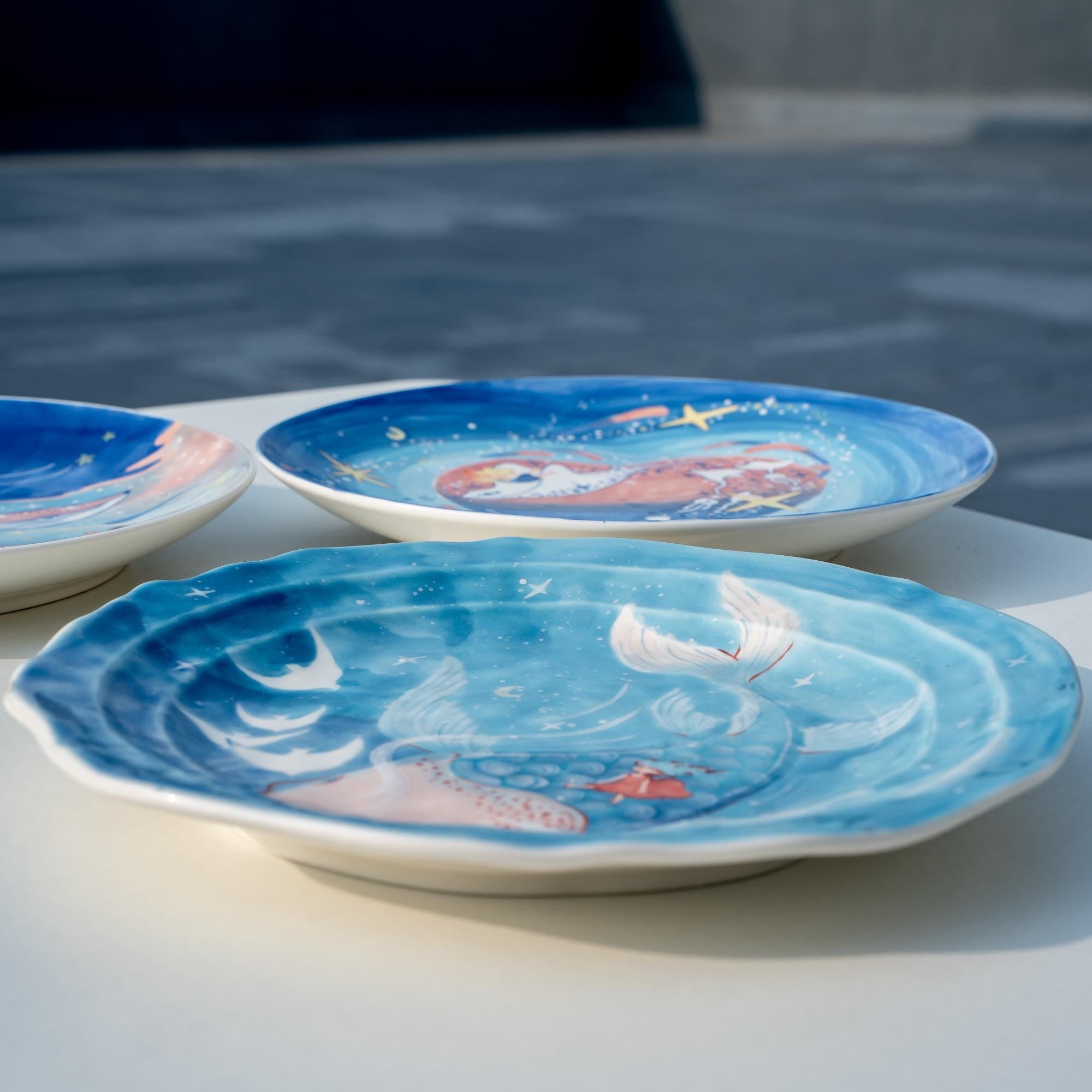 Ocean Adventure Ceramic Plate | Handpainted Blue Decorative Tray | Whimsical Gift for Her | Perfect for Serving Pasta, Salad, Ice Cream, etc