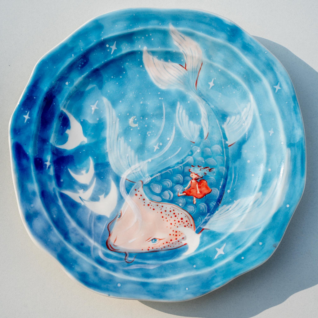 Ocean Adventure Ceramic Plate | Handpainted Blue Decorative Tray | Whimsical Gift for Her | Perfect for Serving Pasta, Salad, Ice Cream, etc