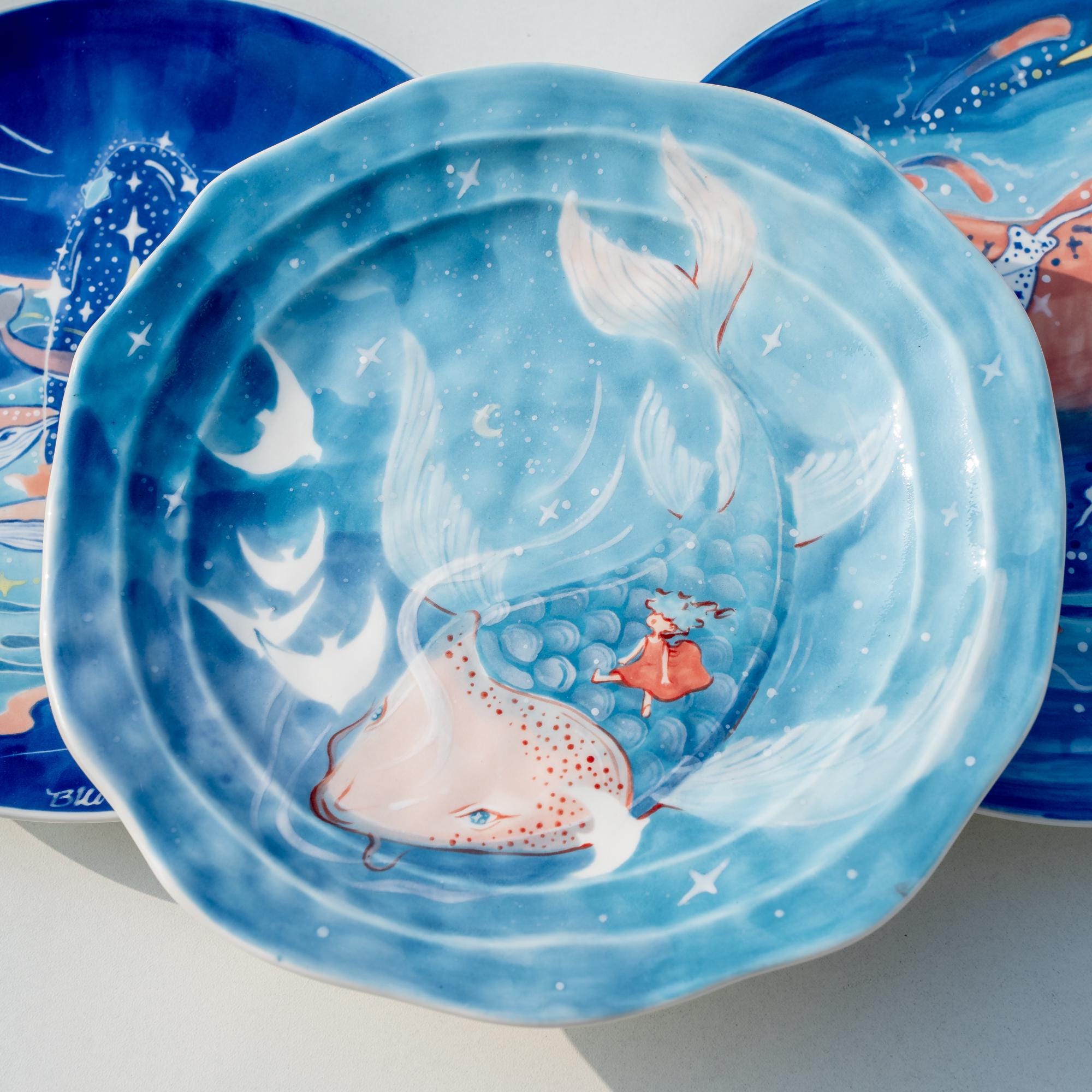 Ocean Adventure Ceramic Plate | Handpainted Blue Decorative Tray | Whimsical Gift for Her | Perfect for Serving Pasta, Salad, Ice Cream, etc