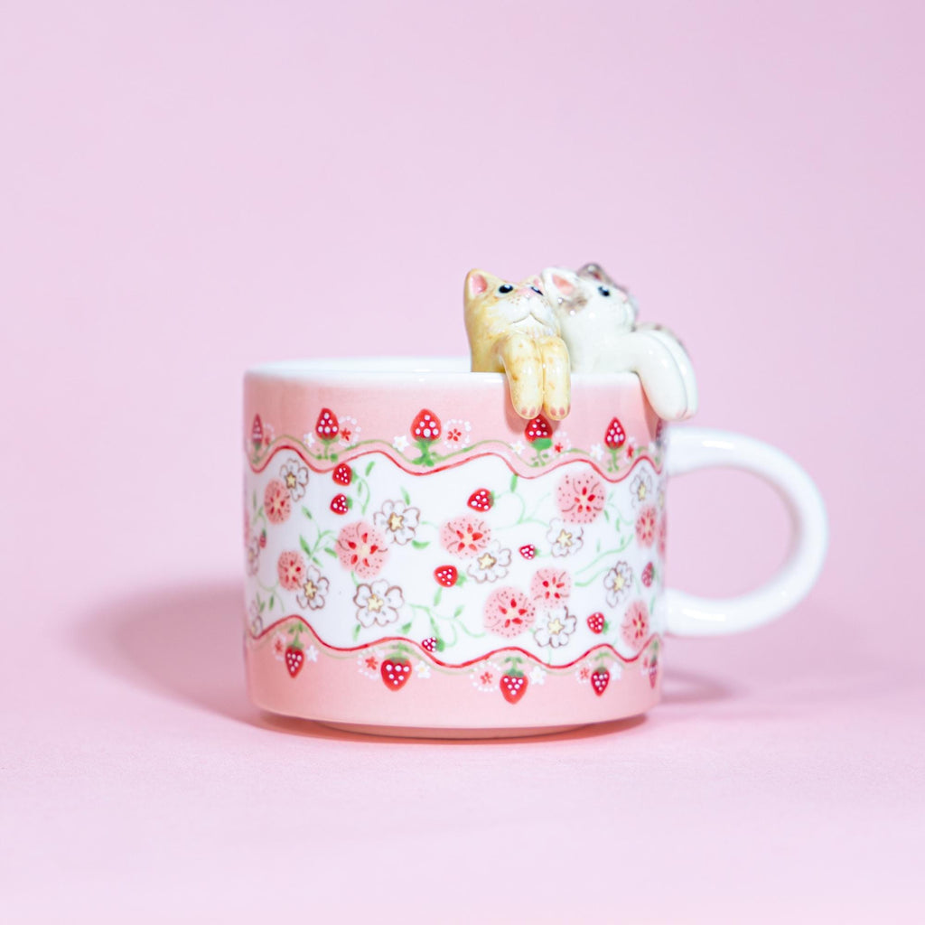 Custom Strawberry Pet Mug 350ml Personalized Pink Flower Pet Handmade Coffee Mug Adroable Whmiscal Cat Mug Housewarming Gift for Dog Lover
