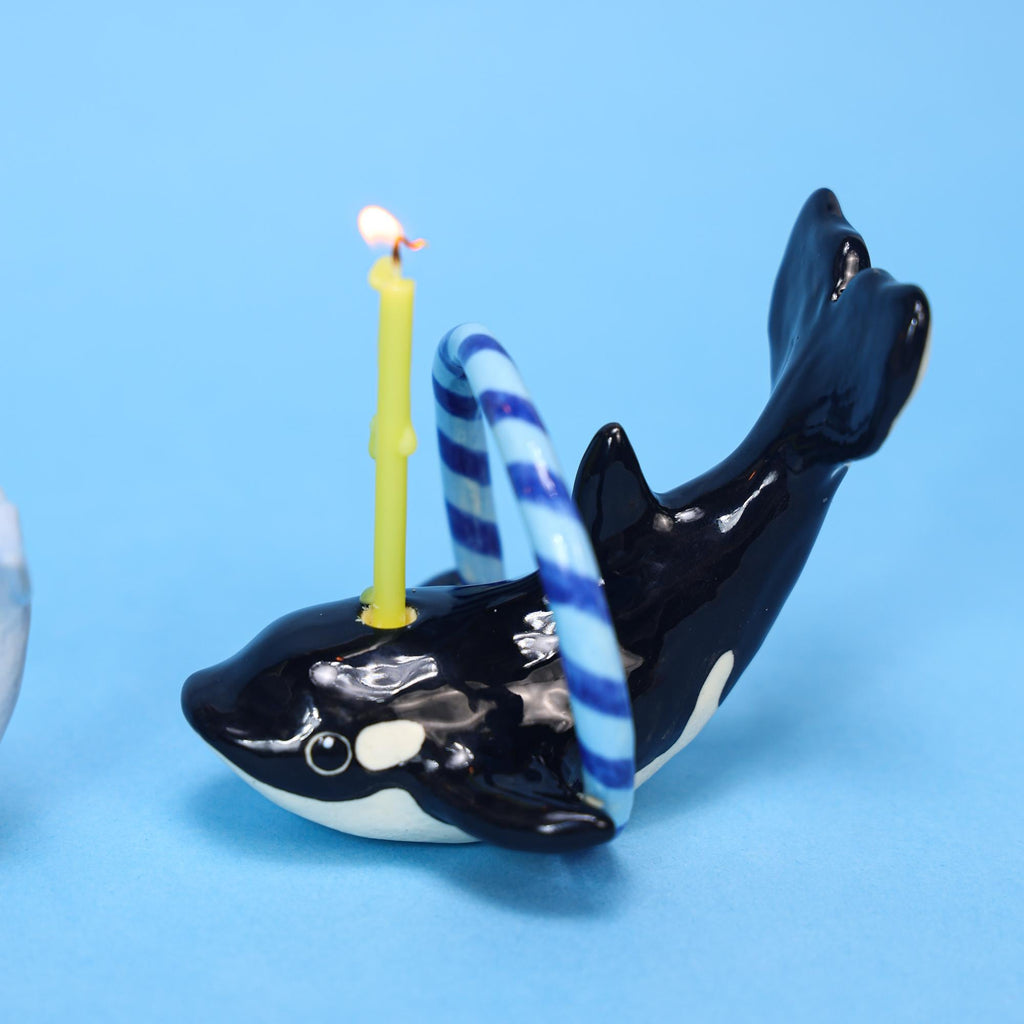 Handmade Orca Whale Ceramic Candle Holder - Birthday Cake Topper with Blue Hoop | Whale Party Decoration | Customizable Animal Figurine