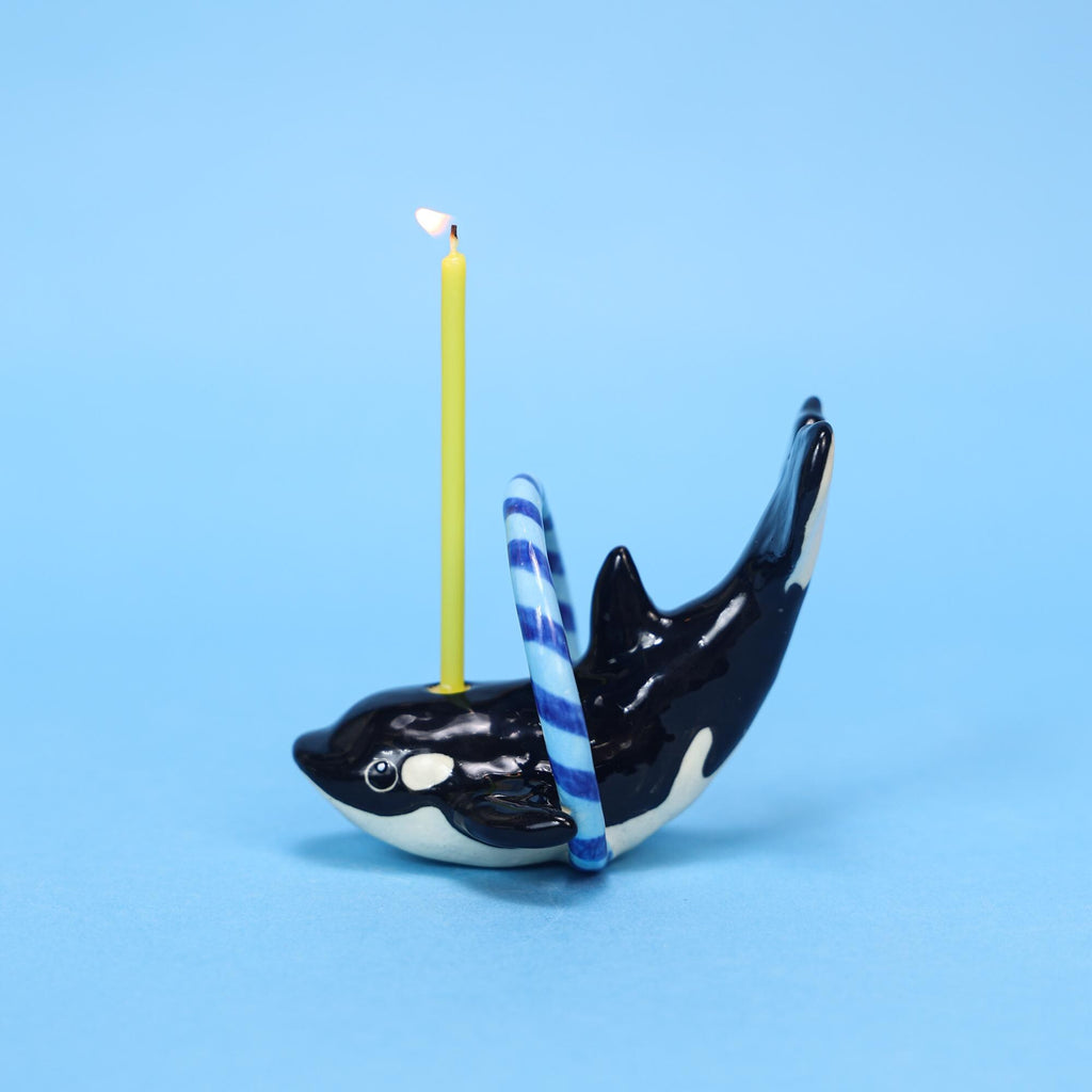 Handmade Orca Whale Ceramic Candle Holder - Birthday Cake Topper with Blue Hoop | Whale Party Decoration | Customizable Animal Figurine