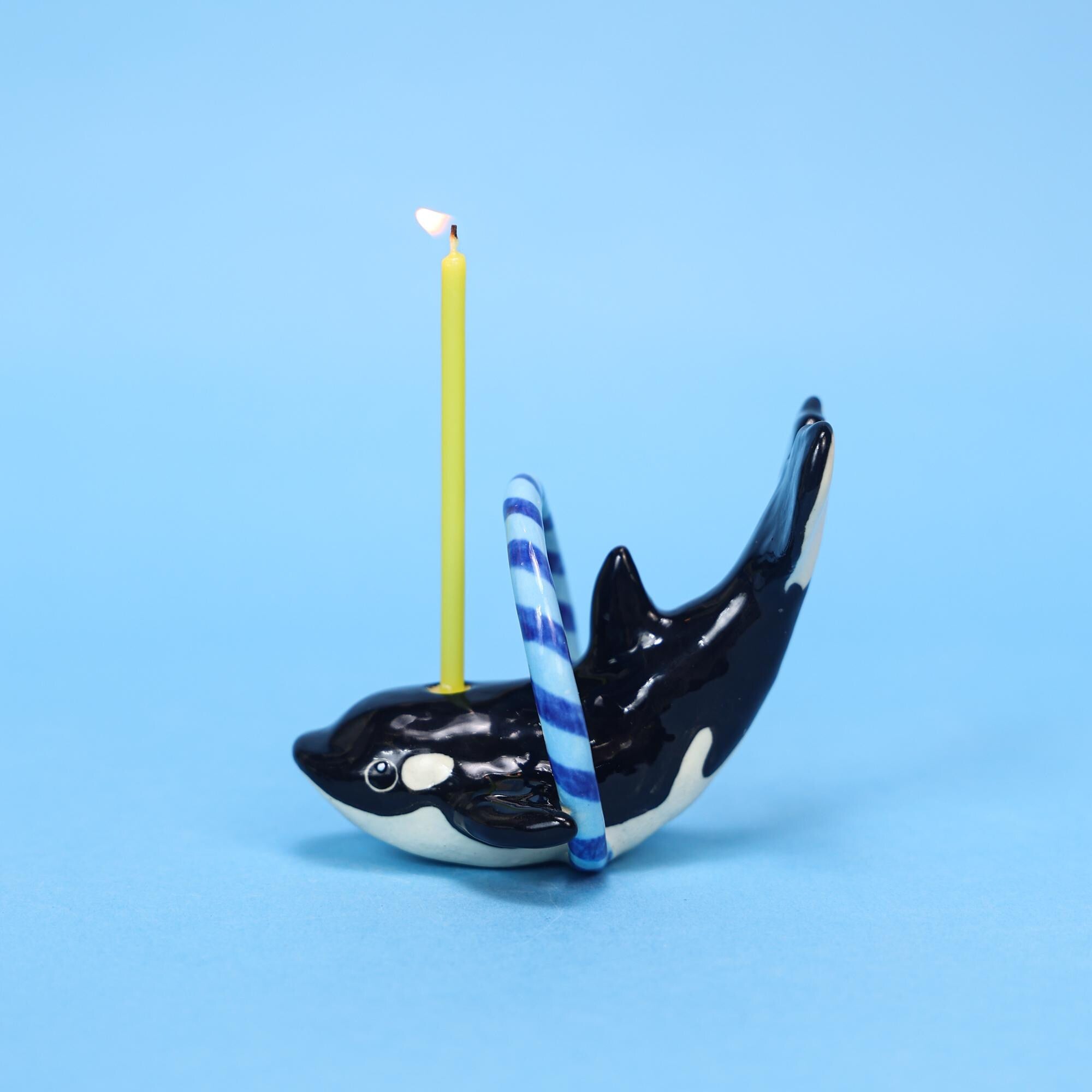 Handmade Orca Whale Ceramic Candle Holder - Birthday Cake Topper with Blue Hoop | Whale Party Decoration | Customizable Animal Figurine