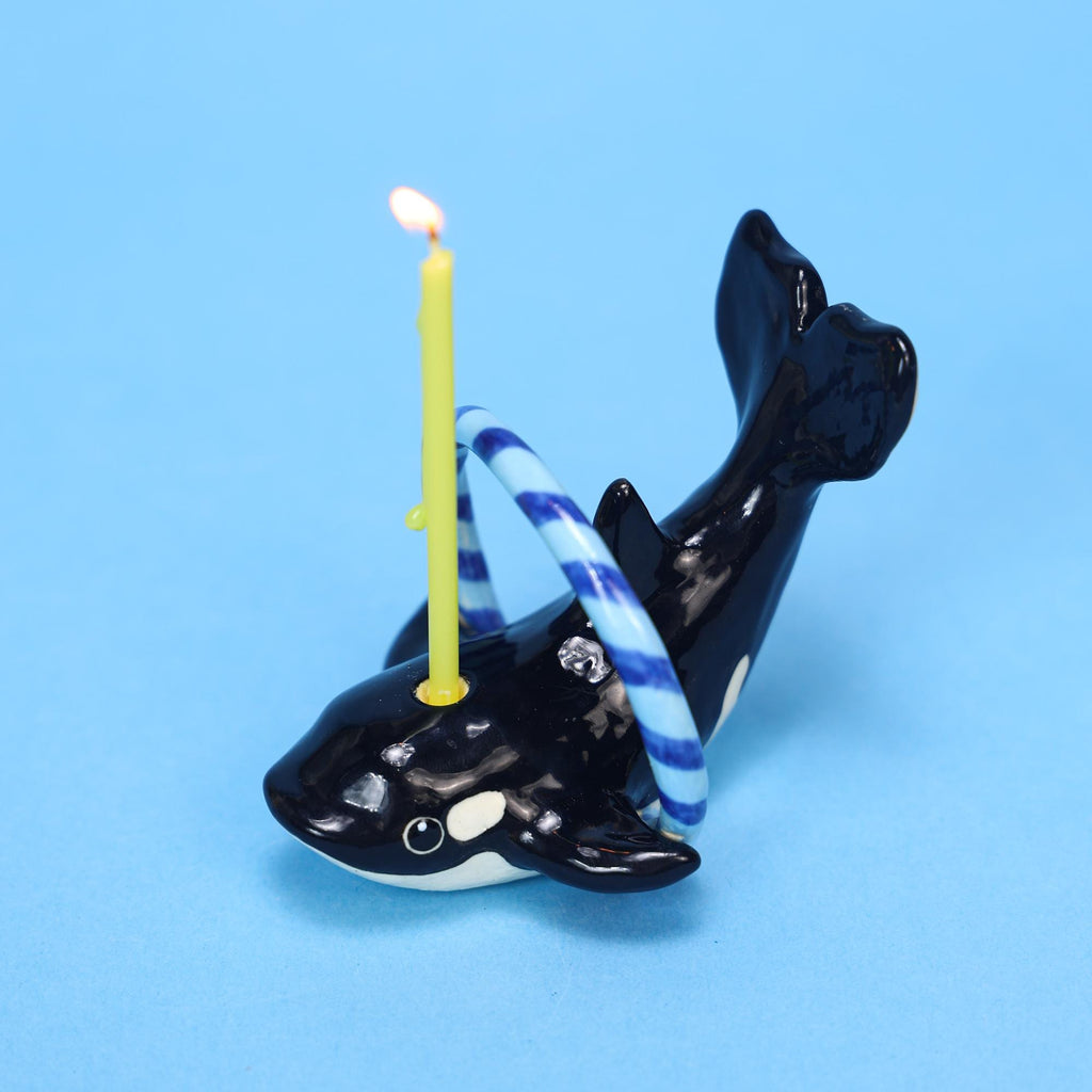 Handmade Orca Whale Ceramic Candle Holder - Birthday Cake Topper with Blue Hoop | Whale Party Decoration | Customizable Animal Figurine