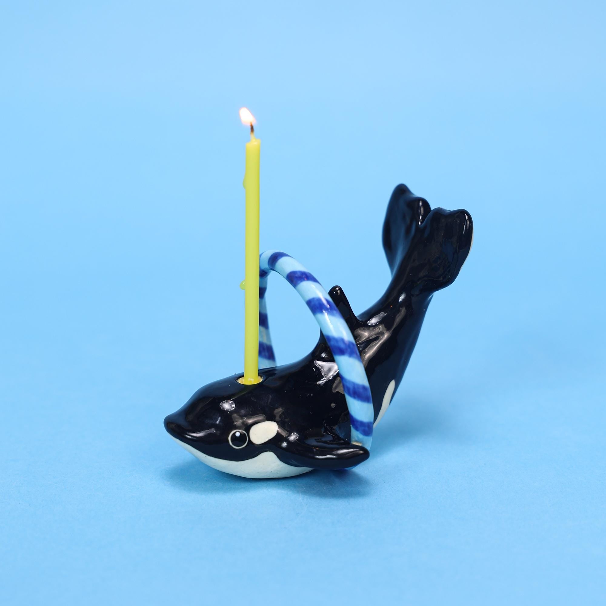 Handmade Orca Whale Ceramic Candle Holder - Birthday Cake Topper with Blue Hoop | Whale Party Decoration | Customizable Animal Figurine