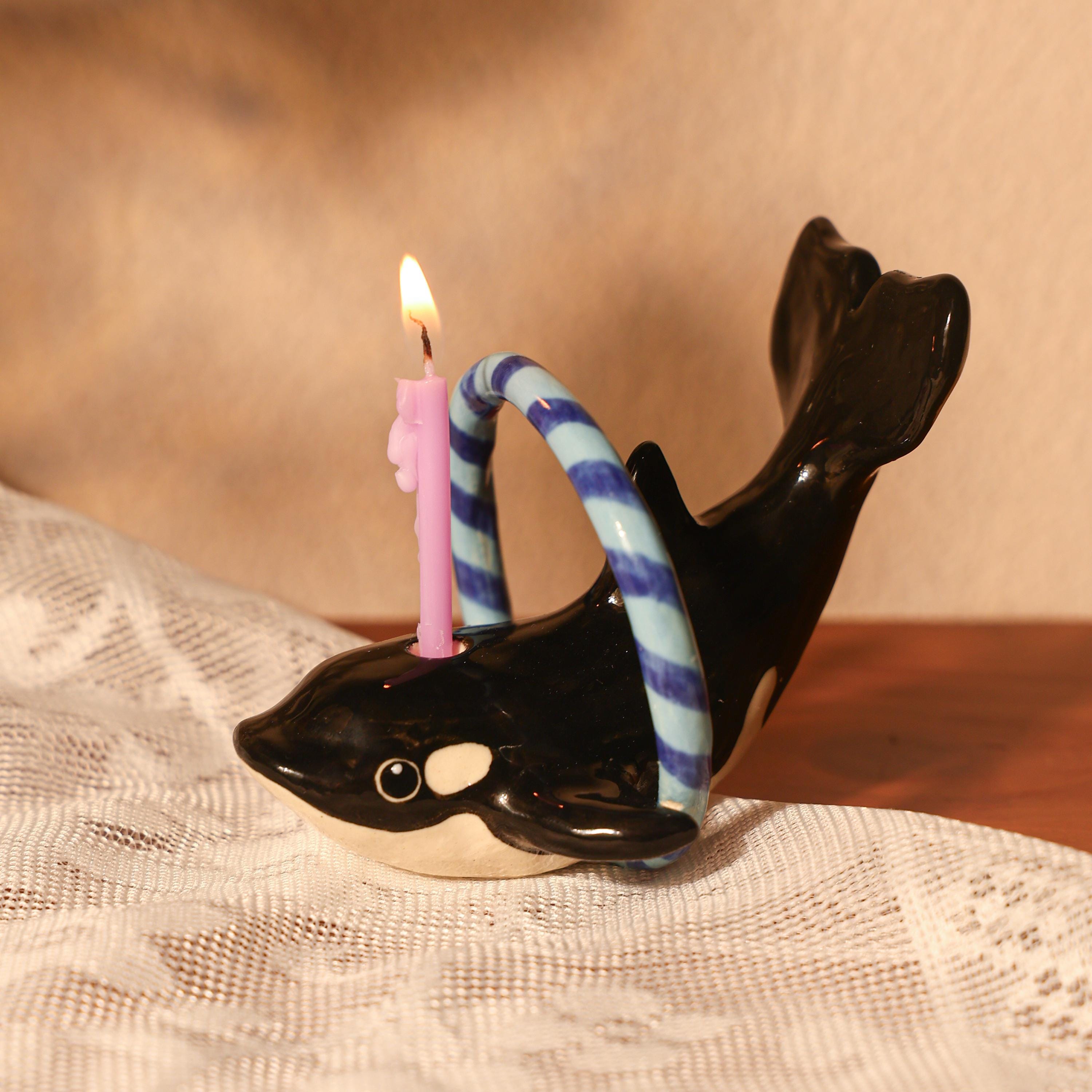 Handmade Orca Whale Ceramic Candle Holder - Birthday Cake Topper with Blue Hoop | Whale Party Decoration | Customizable Animal Figurine