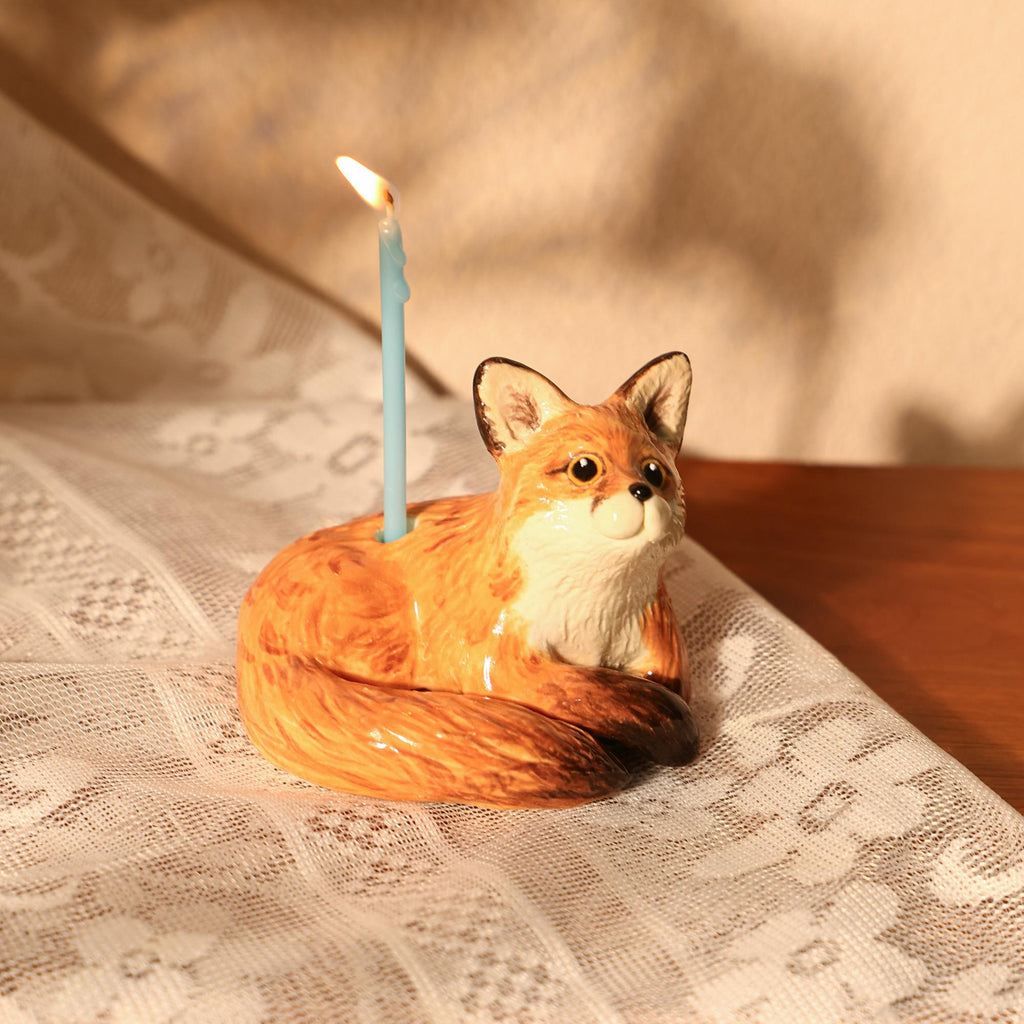 Whimsical Vintage Ceramic Fox Candle Holder - Woodland Animal Cake Topper - Handmade Fox Figurine for Birthday Party Handemade Forest Decor