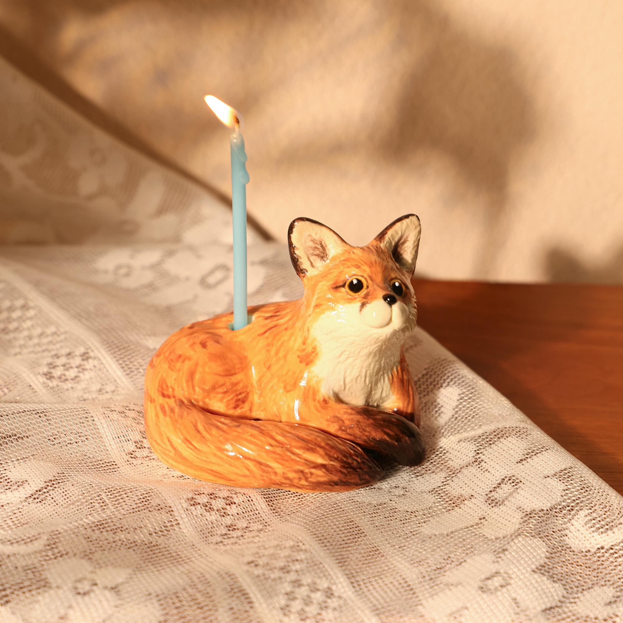 Whimsical Vintage Ceramic Fox Candle Holder - Woodland Animal Cake Topper - Handmade Fox Figurine for Birthday Party Handemade Forest Decor