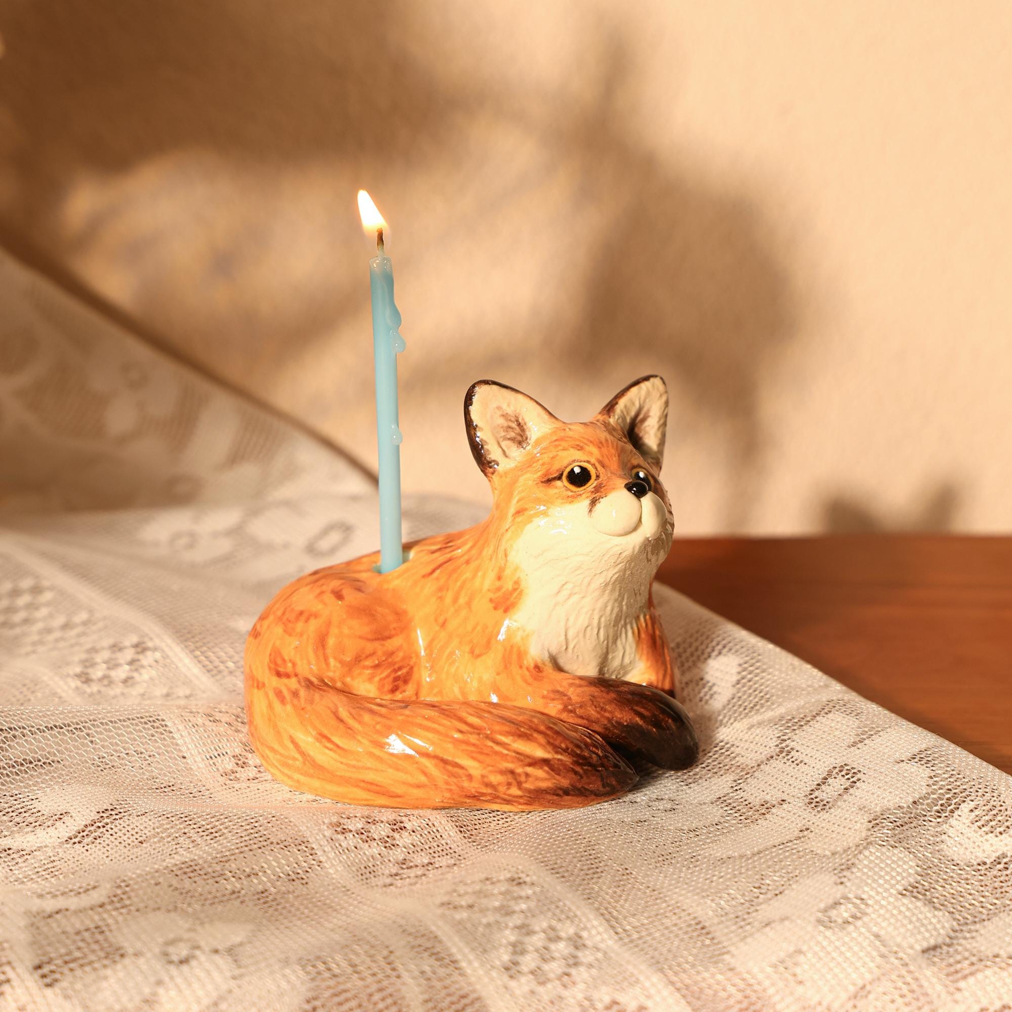 Whimsical Vintage Ceramic Fox Candle Holder - Woodland Animal Cake Topper - Handmade Fox Figurine for Birthday Party Handemade Forest Decor