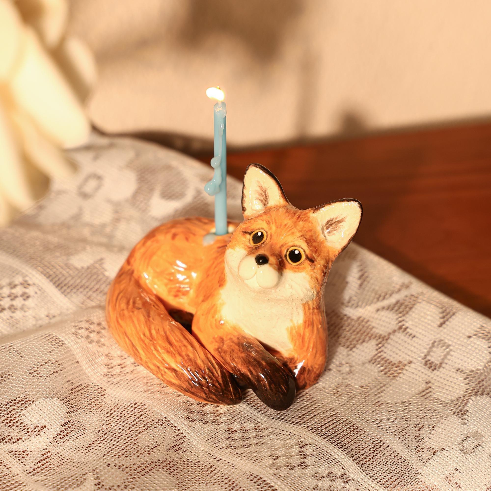 Whimsical Vintage Ceramic Fox Candle Holder - Woodland Animal Cake Topper - Handmade Fox Figurine for Birthday Party Handemade Forest Decor