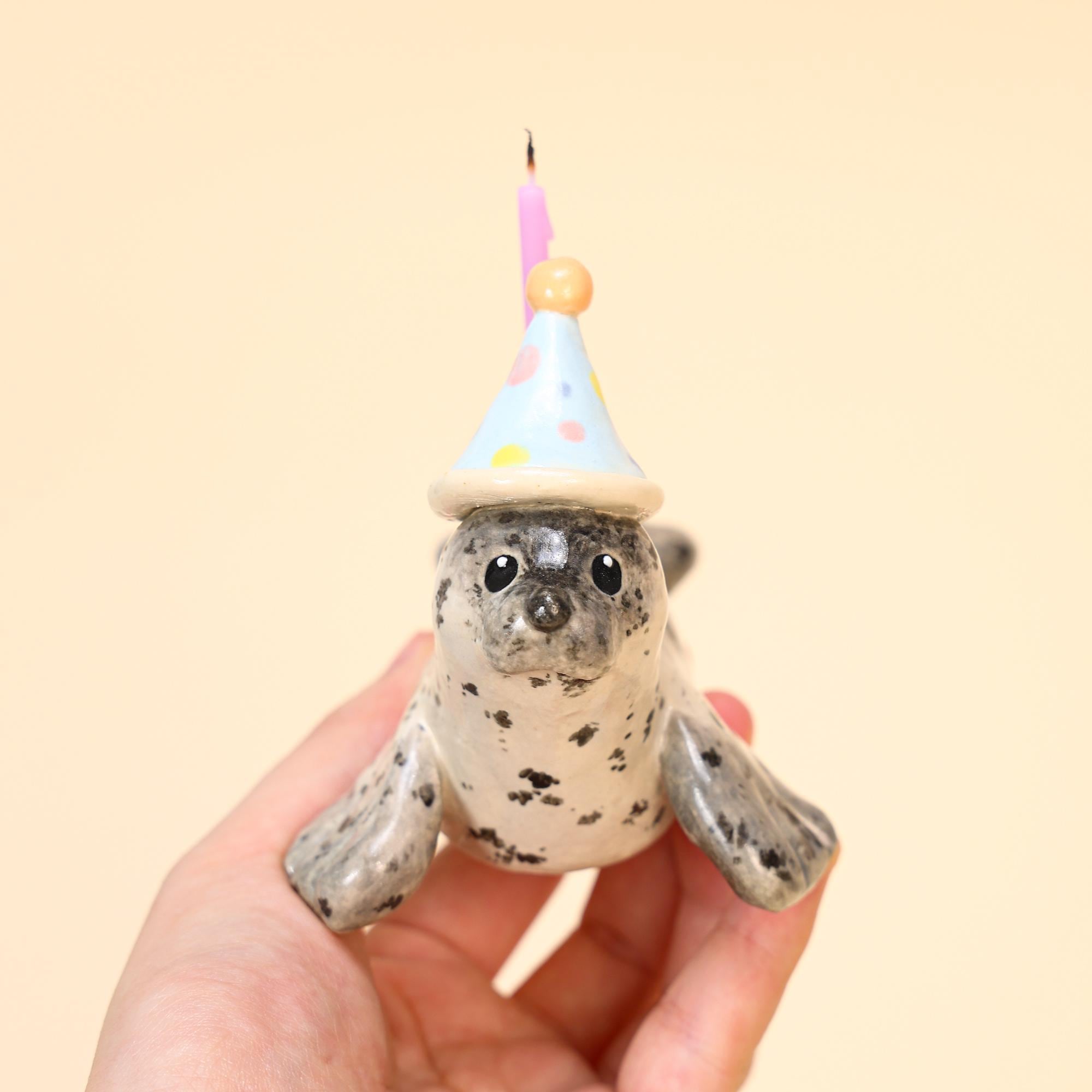 Handmade Ceramic Seal Cake Candle Holder Cute Seal Party Hat Unique Ceramic Figurine Special Cake Decoration Perfect Gift for Animal Lovers