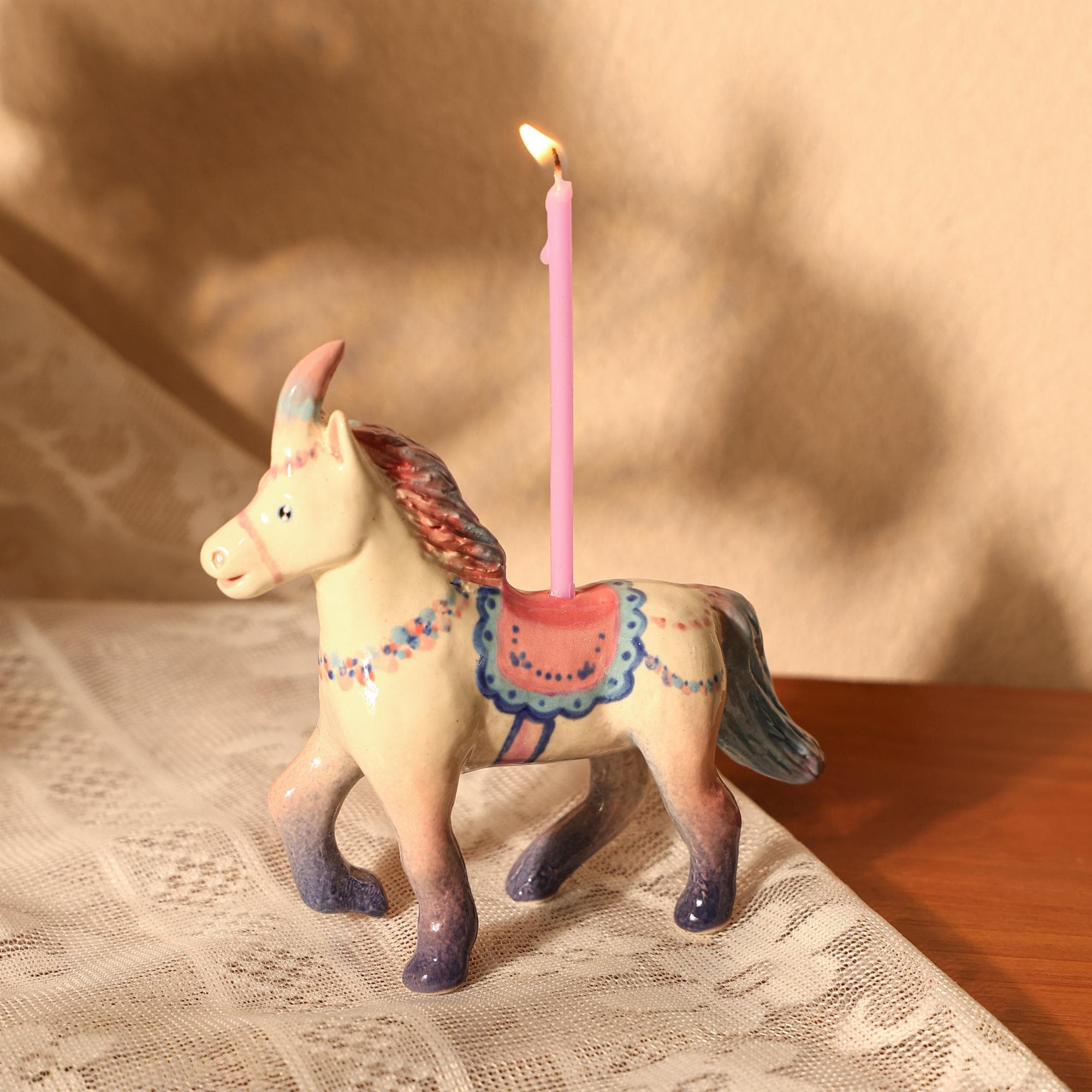 Handmade Ceramic Unicorn Cake Candle Holder - Cute Unicorn with Pastel Party Hat, Unique Cake Topper for Birthdays and Special Occasions