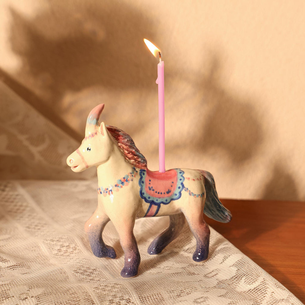 Handmade Ceramic Unicorn Cake Candle Holder - Cute Unicorn with Pastel Party Hat, Unique Cake Topper for Birthdays and Special Occasions