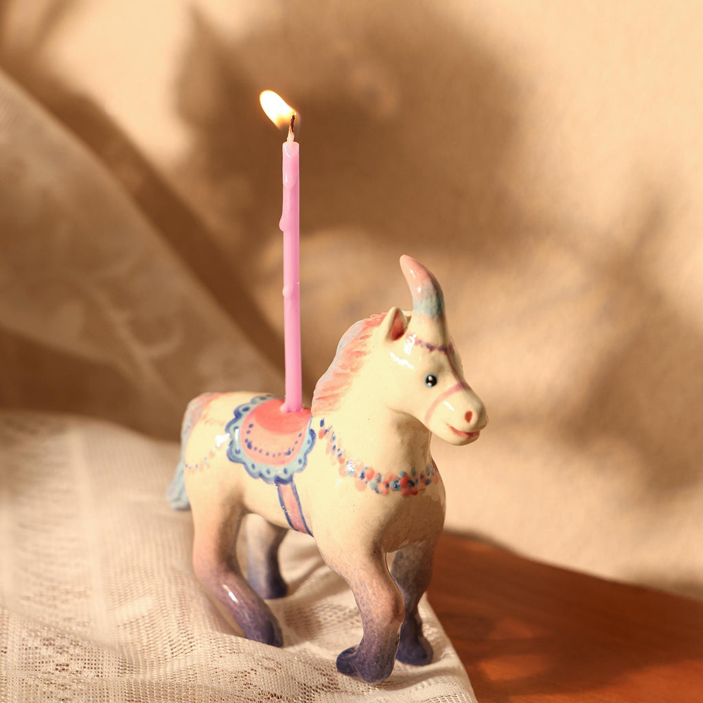 Handmade Ceramic Unicorn Cake Candle Holder - Cute Unicorn with Pastel Party Hat, Unique Cake Topper for Birthdays and Special Occasions
