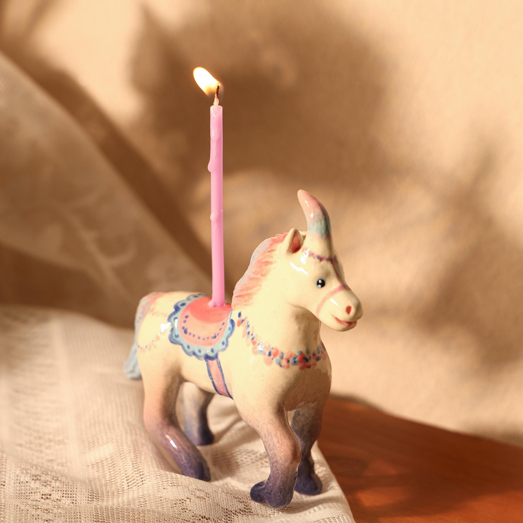 Handmade Ceramic Unicorn Cake Candle Holder - Cute Unicorn with Pastel Party Hat, Unique Cake Topper for Birthdays and Special Occasions