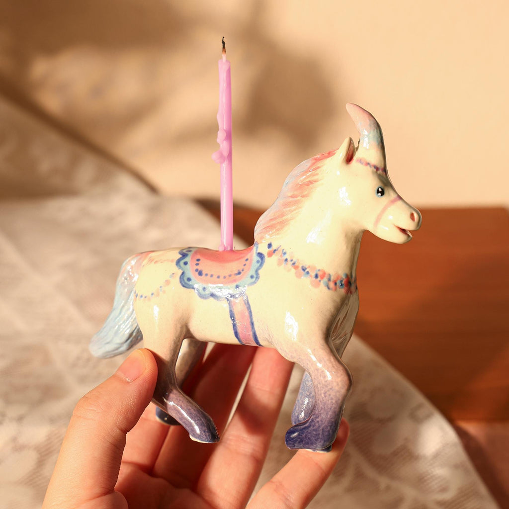Handmade Ceramic Unicorn Cake Candle Holder - Cute Unicorn with Pastel Party Hat, Unique Cake Topper for Birthdays and Special Occasions