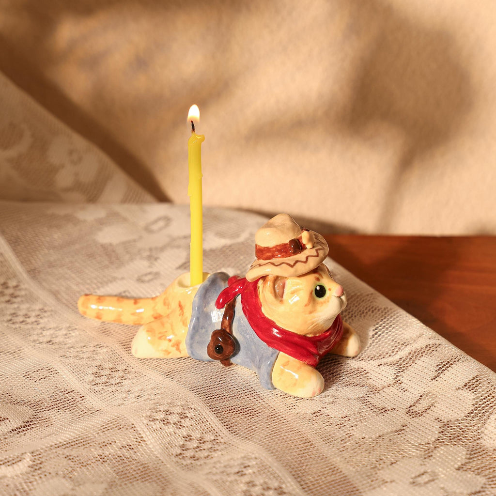 Cowboy Cat Ceramic Cake Topper Cottagecore Cute Handmade Kittern Candle Holer Party Decoration Fun Birthday Cake Topper Special Home Decor