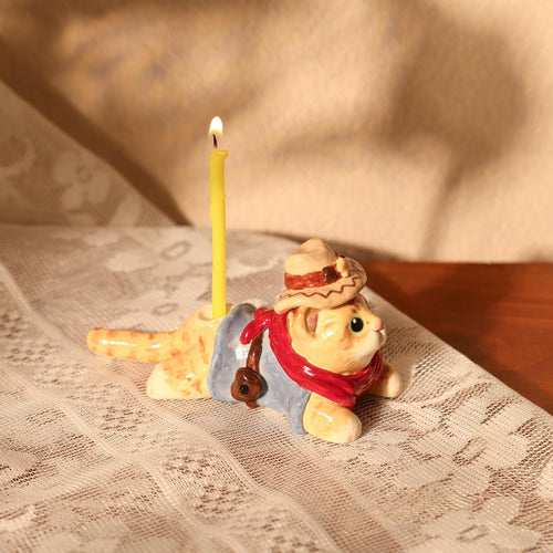 Cowboy Cat Ceramic Cake Topper Cottagecore Cute Handmade Kittern Candle Holer Party Decoration Fun Birthday Cake Topper Special Home Decor
