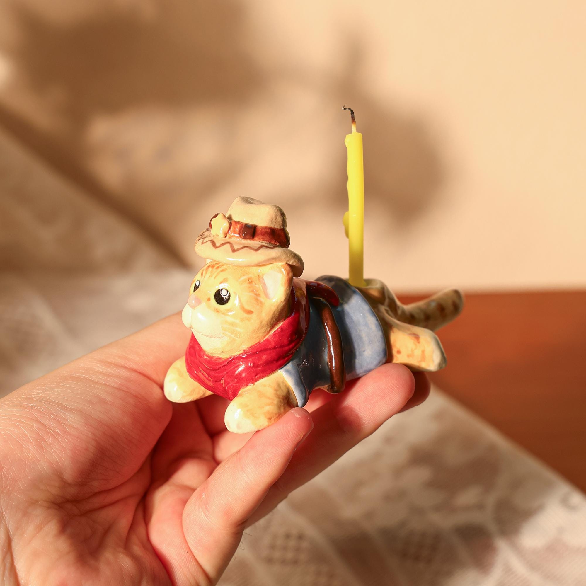 Cowboy Cat Ceramic Cake Topper Cottagecore Cute Handmade Kittern Candle Holer Party Decoration Fun Birthday Cake Topper Special Home Decor
