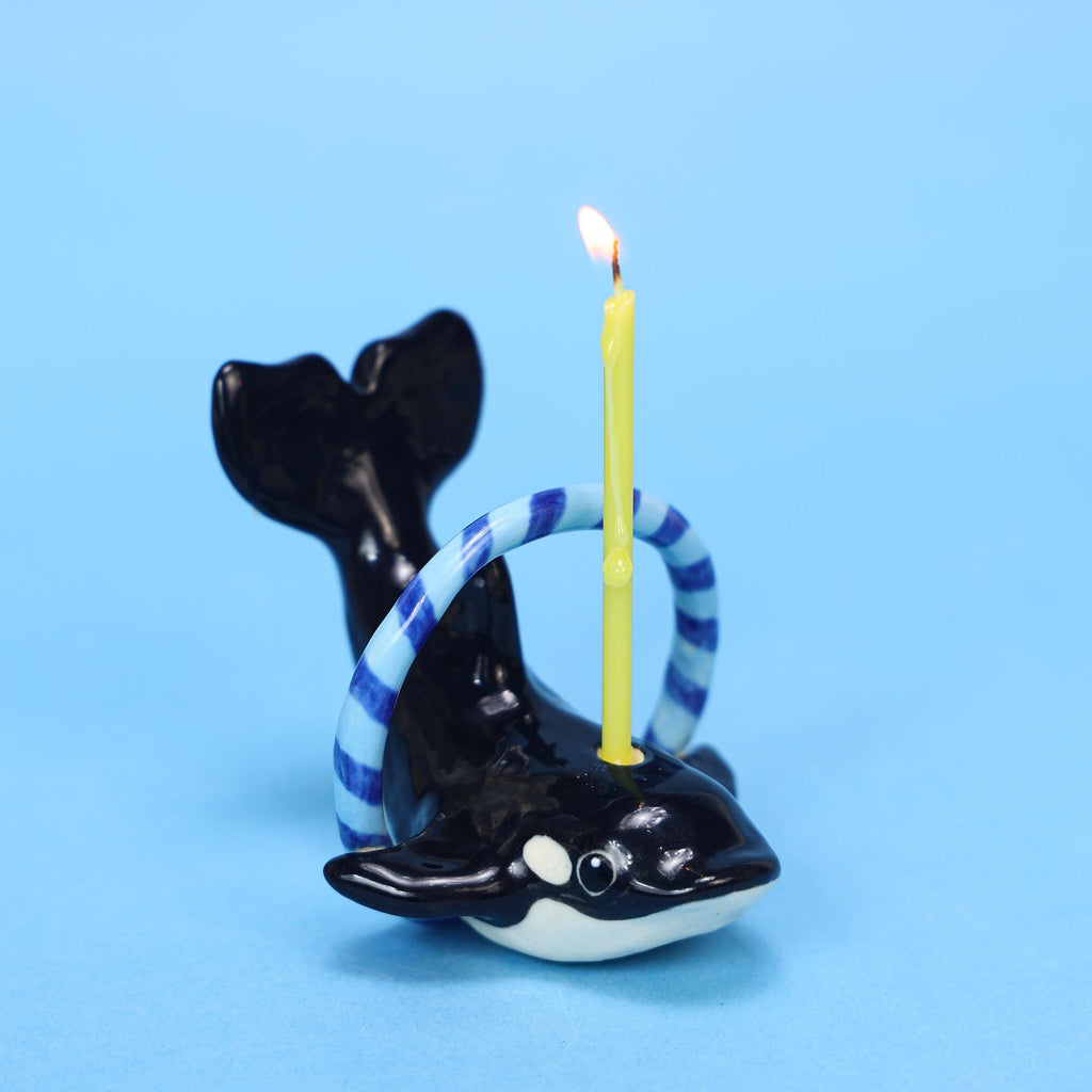 Handmade Orca Whale Ceramic Candle Holder - Birthday Cake Topper with Blue Hoop | Whale Party Decoration | Customizable Animal Figurine