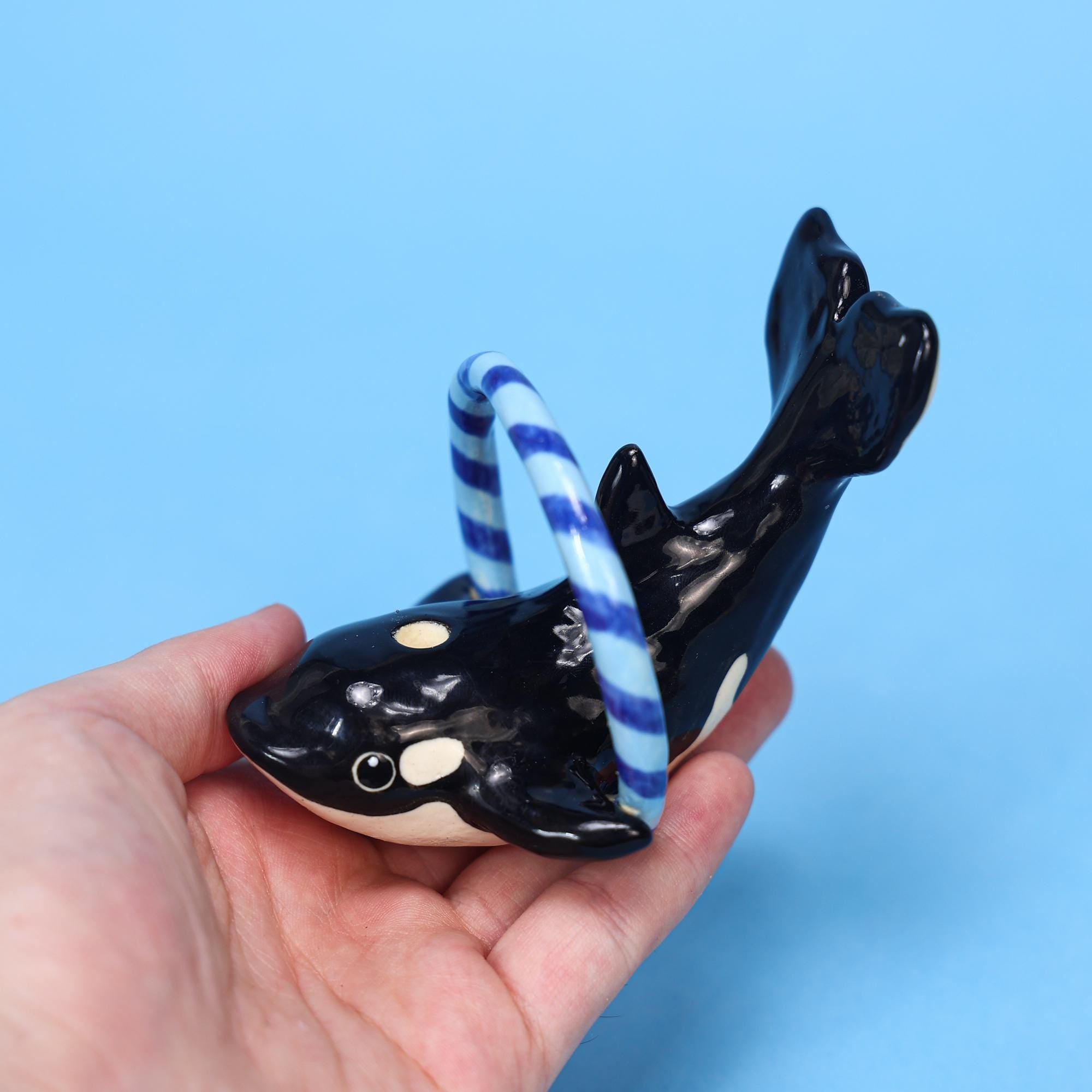 Handmade Orca Whale Ceramic Candle Holder - Birthday Cake Topper with Blue Hoop | Whale Party Decoration | Customizable Animal Figurine