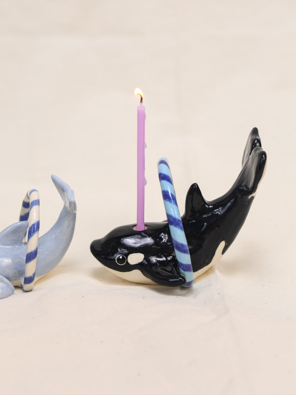 Handmade Orca Whale Ceramic Candle Holder - Birthday Cake Topper with Blue Hoop | Whale Party Decoration | Customizable Animal Figurine