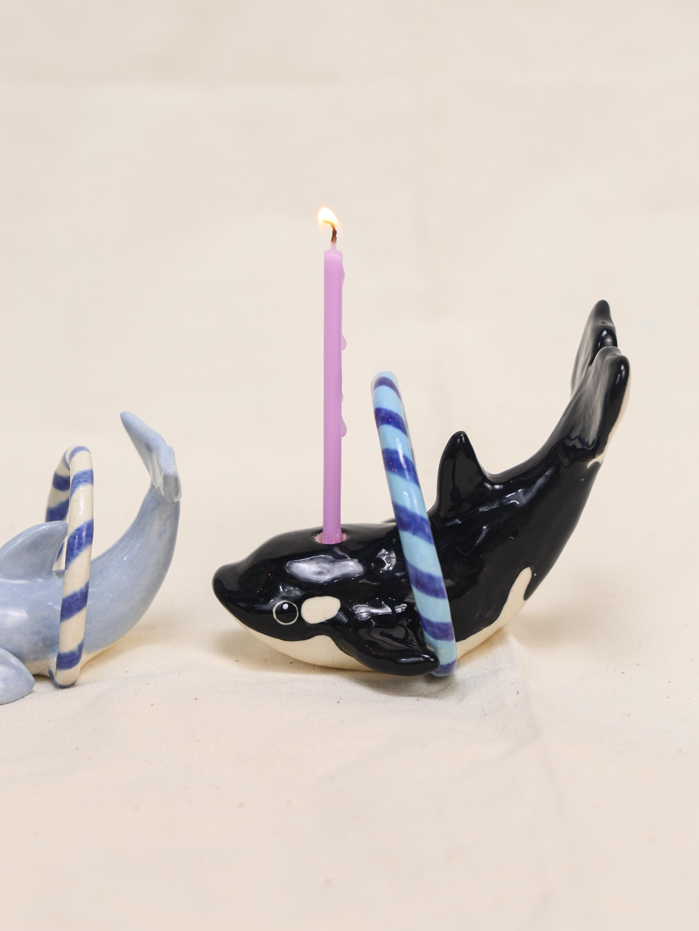 Handmade Orca Whale Ceramic Candle Holder - Birthday Cake Topper with Blue Hoop | Whale Party Decoration | Customizable Animal Figurine