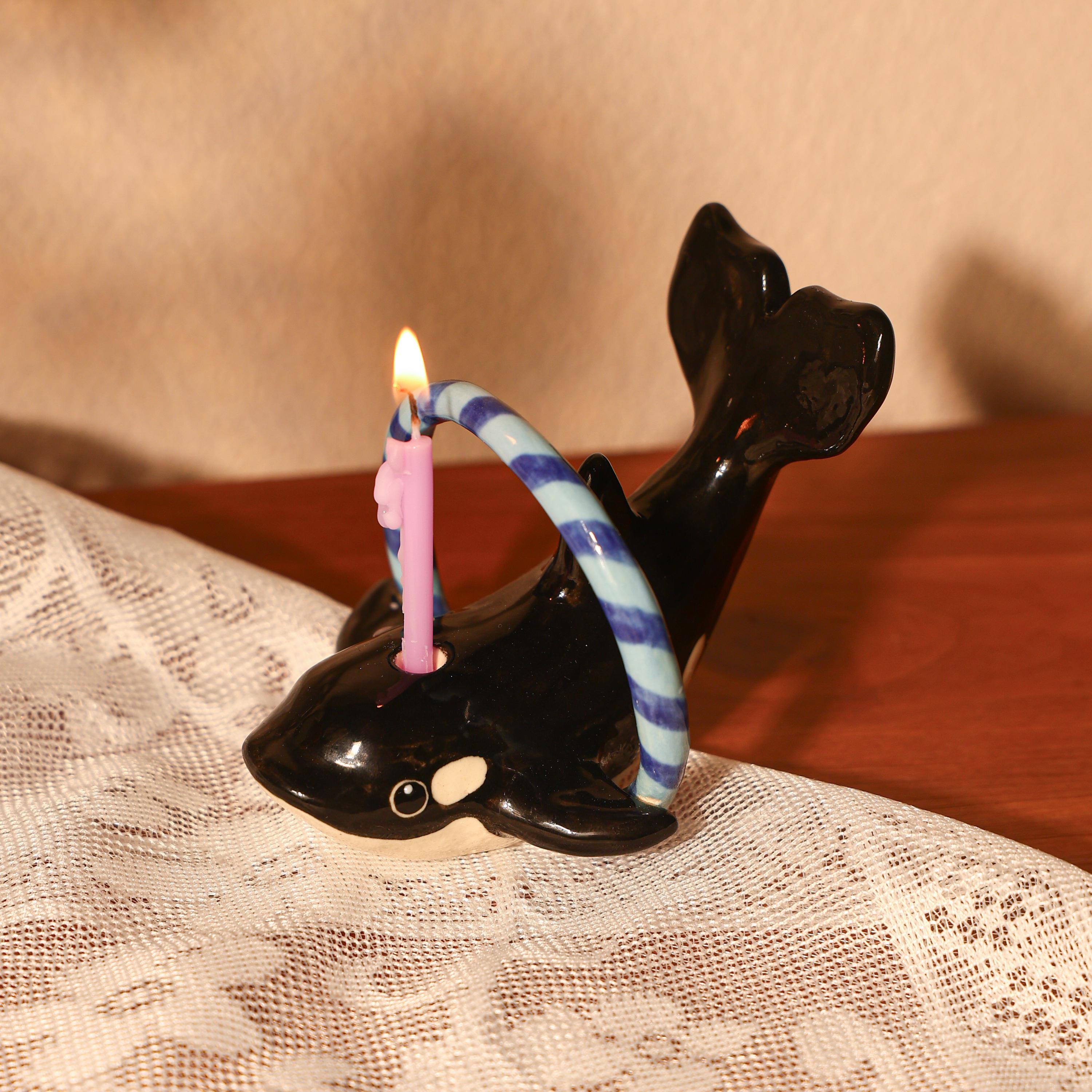 Handmade Orca Whale Ceramic Candle Holder - Birthday Cake Topper with Blue Hoop | Whale Party Decoration | Customizable Animal Figurine