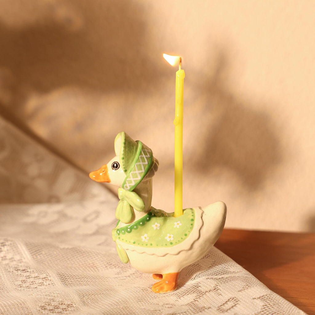 Green Bonnet Goose Candlde Holder Handmade Goose Lady Farmhouse Decor Cottagecore Ceramic Animal Taper Candler Holder Vintage Style Gift Y2K