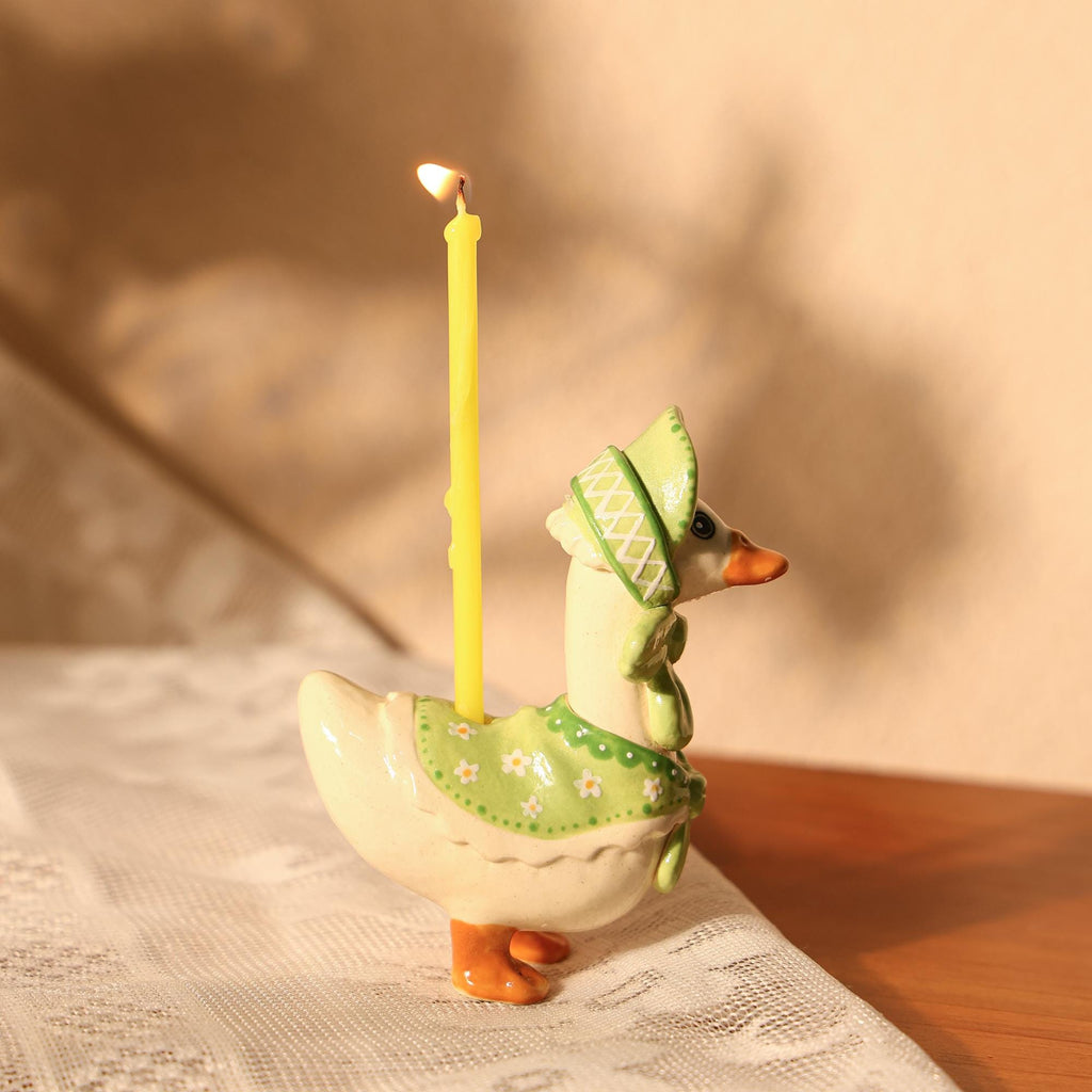Green Bonnet Goose Candlde Holder Handmade Goose Lady Farmhouse Decor Cottagecore Ceramic Animal Taper Candler Holder Vintage Style Gift Y2K