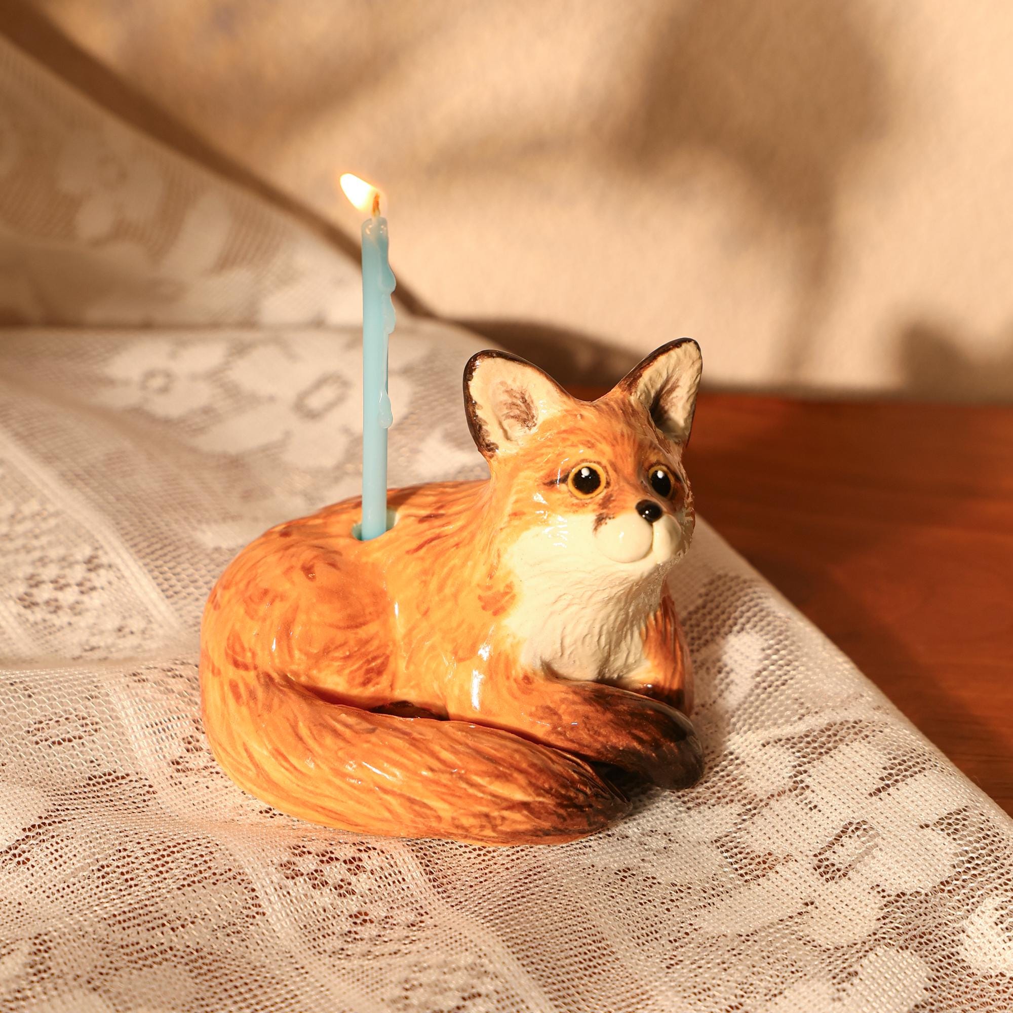Whimsical Vintage Ceramic Fox Candle Holder - Woodland Animal Cake Topper - Handmade Fox Figurine for Birthday Party Handemade Forest Decor