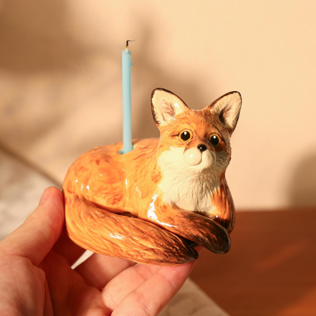 Whimsical Vintage Ceramic Fox Candle Holder - Woodland Animal Cake Topper - Handmade Fox Figurine for Birthday Party Handemade Forest Decor