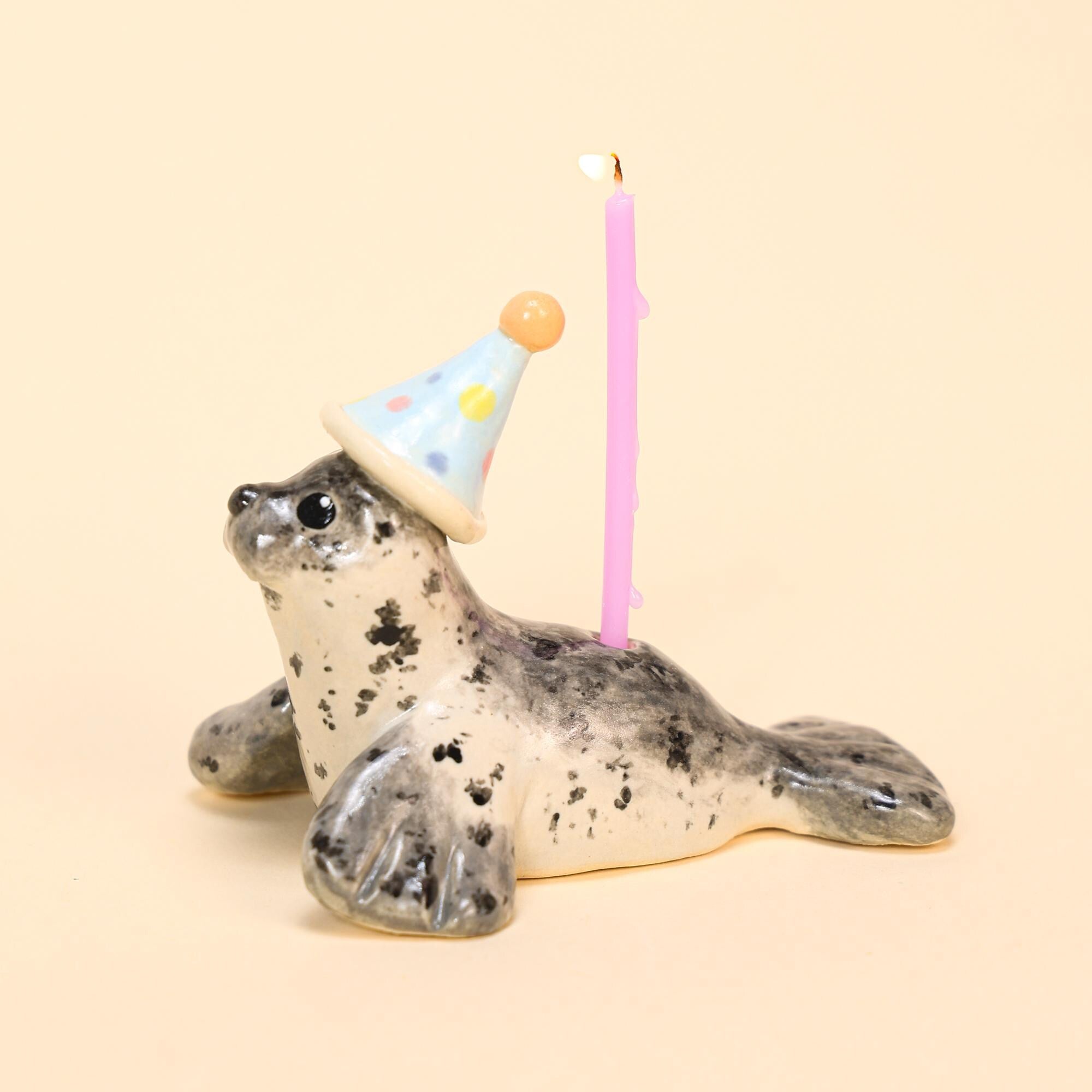 Handmade Ceramic Seal Cake Candle Holder Cute Seal Party Hat Unique Ceramic Figurine Special Cake Decoration Perfect Gift for Animal Lovers