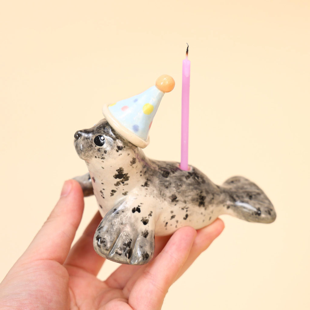 Handmade Ceramic Seal Cake Candle Holder Cute Seal Party Hat Unique Ceramic Figurine Special Cake Decoration Perfect Gift for Animal Lovers