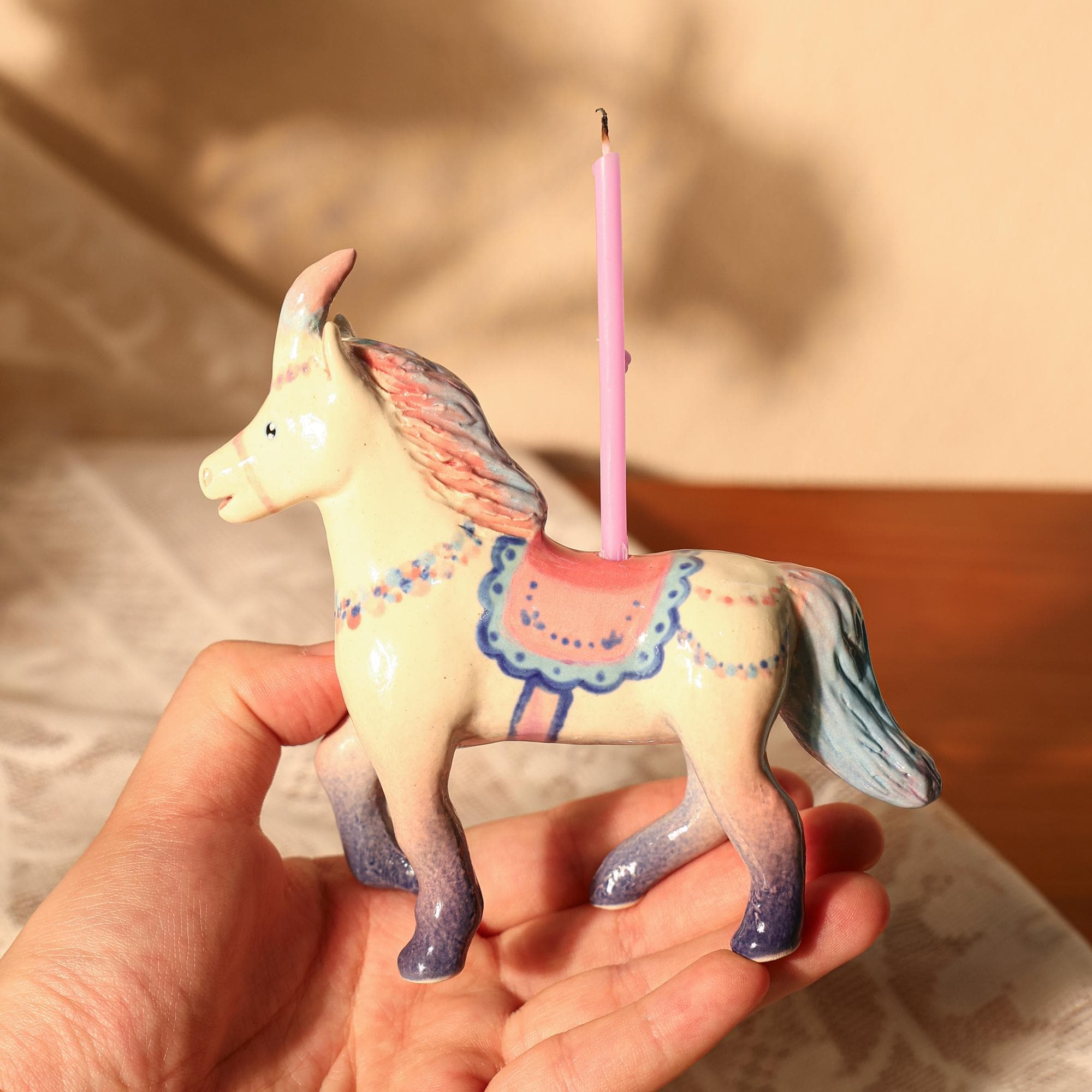 Handmade Ceramic Unicorn Cake Candle Holder - Cute Unicorn with Pastel Party Hat, Unique Cake Topper for Birthdays and Special Occasions