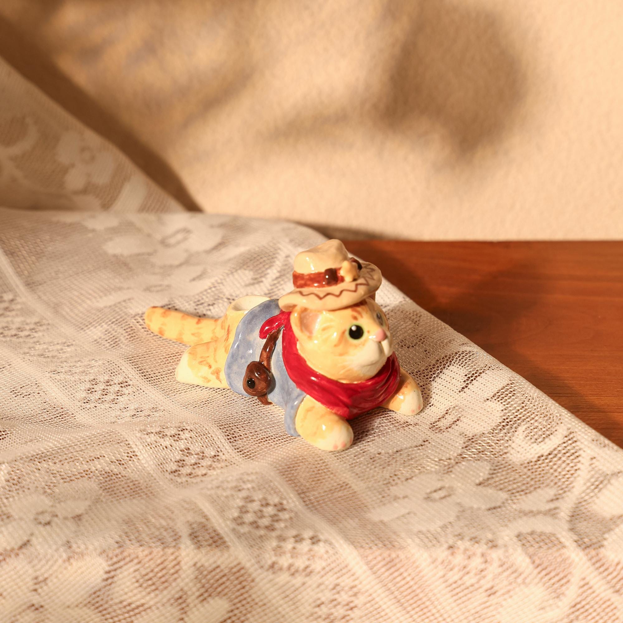 Cowboy Cat Ceramic Cake Topper Cottagecore Cute Handmade Kittern Candle Holer Party Decoration Fun Birthday Cake Topper Special Home Decor