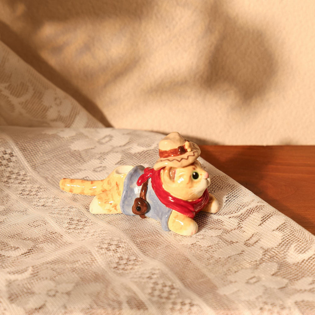 Cowboy Cat Ceramic Cake Topper Cottagecore Cute Handmade Kittern Candle Holer Party Decoration Fun Birthday Cake Topper Special Home Decor