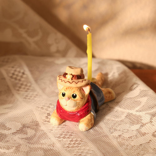 Cowboy Cat Ceramic Cake Topper Cottagecore Cute Handmade Kittern Candle Holer Party Decoration Fun Birthday Cake Topper Special Home Decor