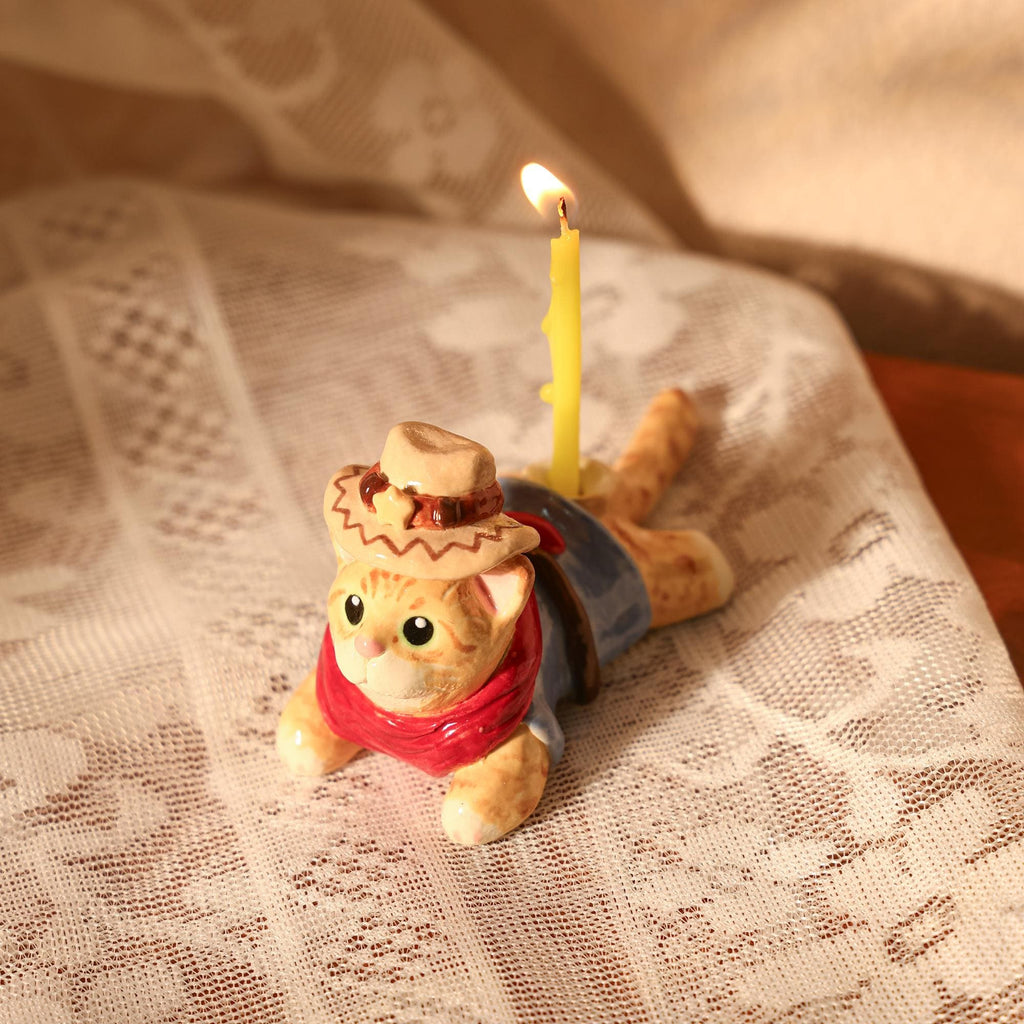 Cowboy Cat Ceramic Cake Topper Cottagecore Cute Handmade Kittern Candle Holer Party Decoration Fun Birthday Cake Topper Special Home Decor