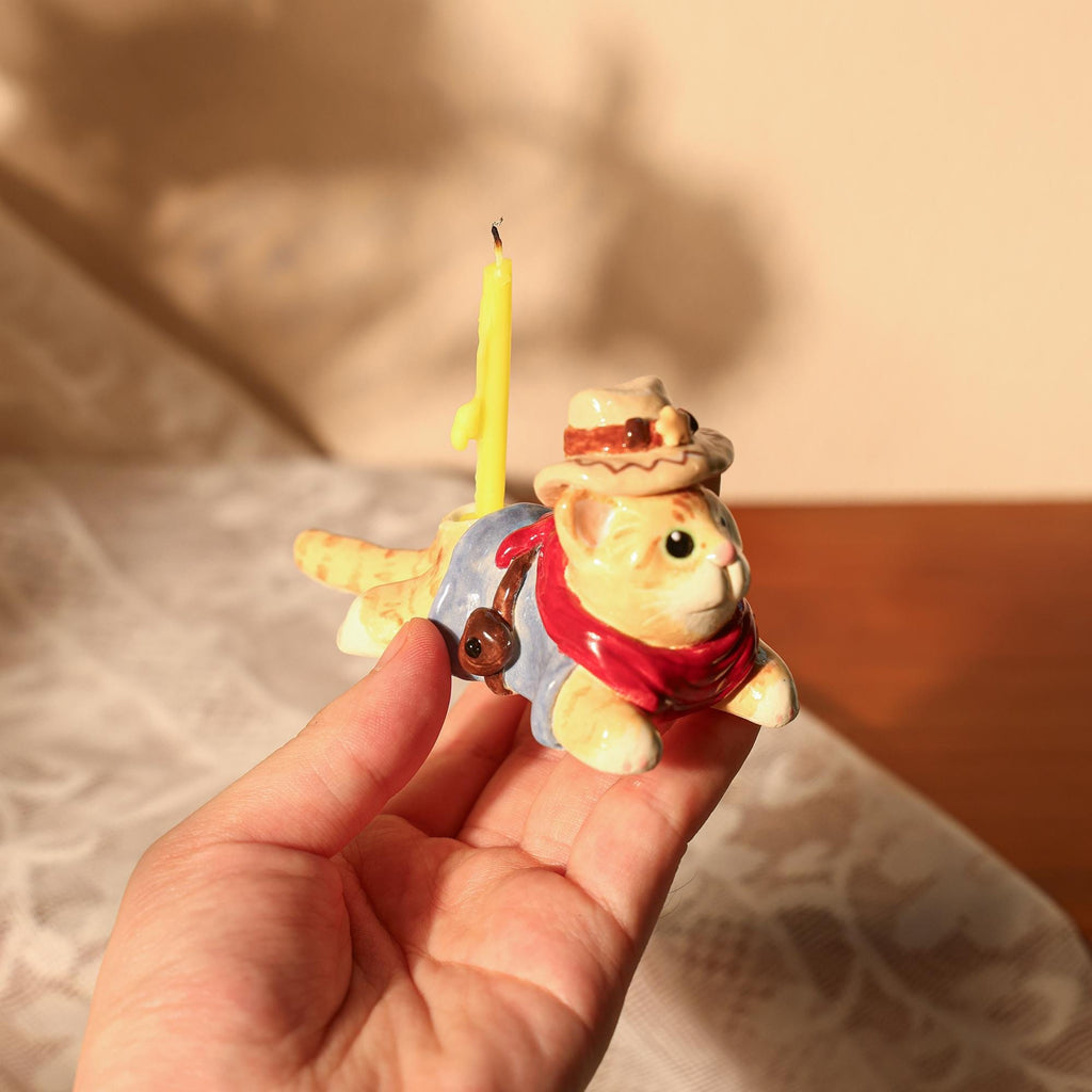 Cowboy Cat Ceramic Cake Topper Cottagecore Cute Handmade Kittern Candle Holer Party Decoration Fun Birthday Cake Topper Special Home Decor