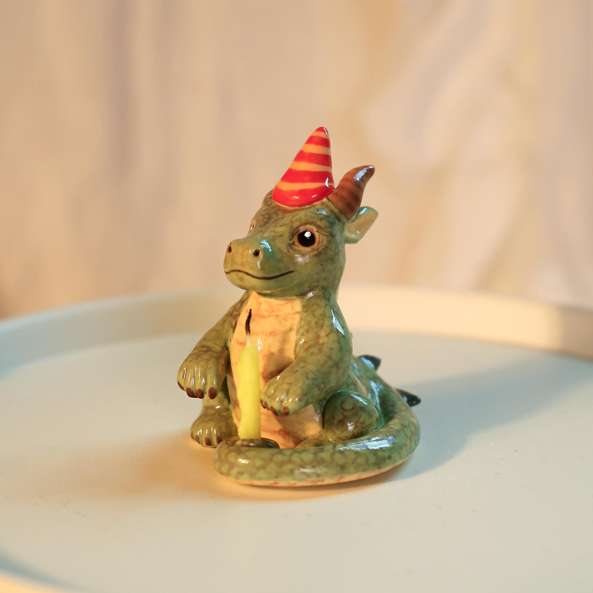 Ceramic Dragon Candle Holder Cute Birthday Party Decoration Handmade Green Dragon Figurine with Hat Fantasy Decor Gift for Kids Home Display