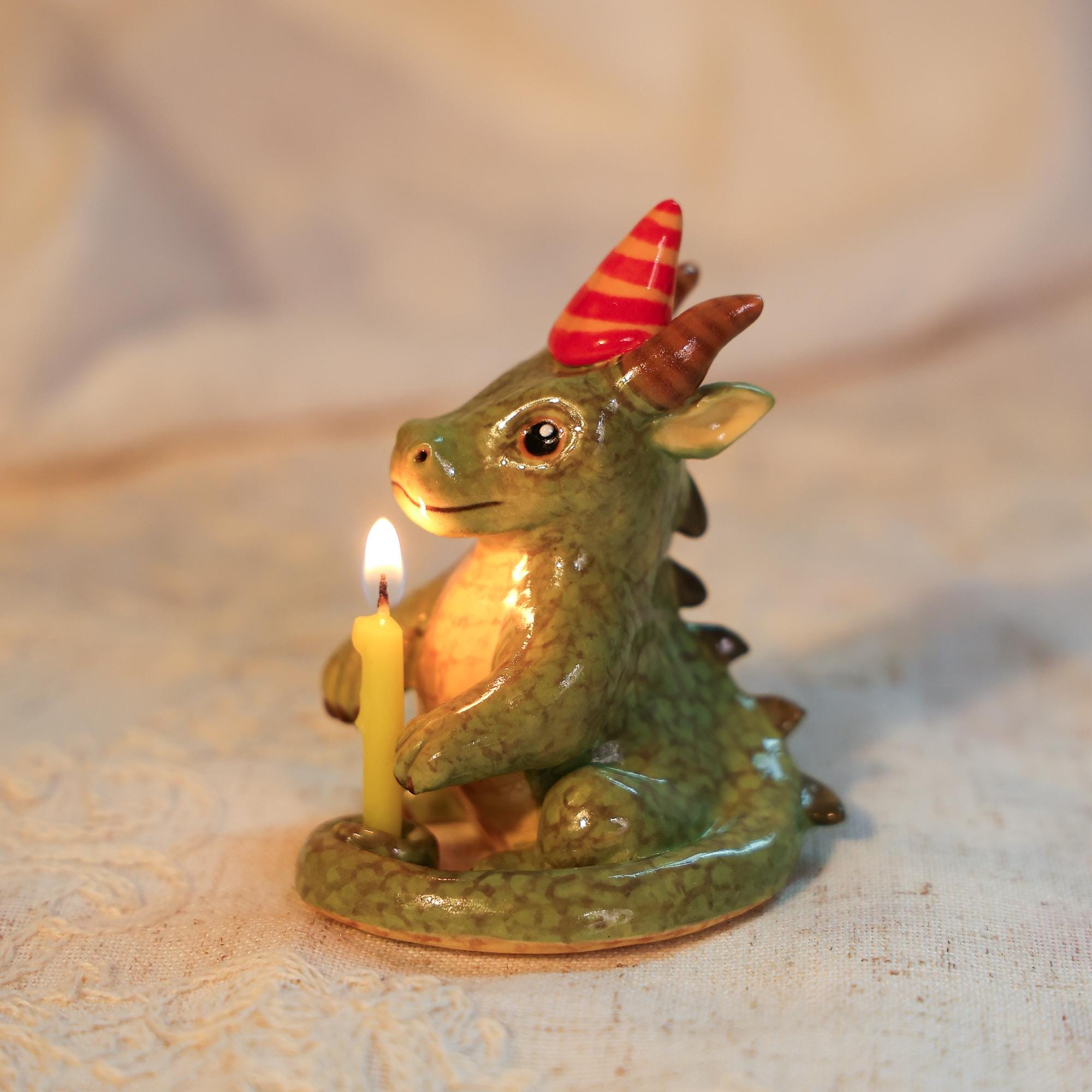 Ceramic Dragon Candle Holder Cute Birthday Party Decoration Handmade Green Dragon Figurine with Hat Fantasy Decor Gift for Kids Home Display