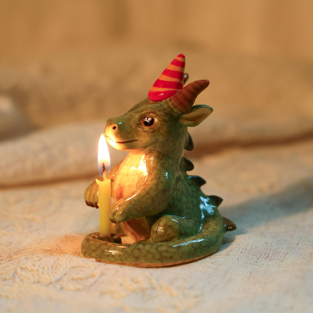Ceramic Dragon Candle Holder Cute Birthday Party Decoration Handmade Green Dragon Figurine with Hat Fantasy Decor Gift for Kids Home Display