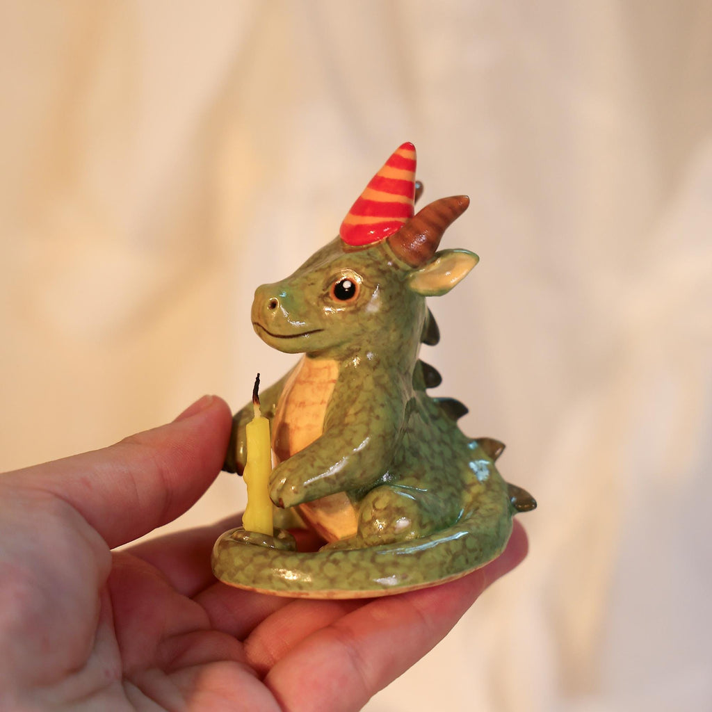 Ceramic Dragon Candle Holder Cute Birthday Party Decoration Handmade Green Dragon Figurine with Hat Fantasy Decor Gift for Kids Home Display