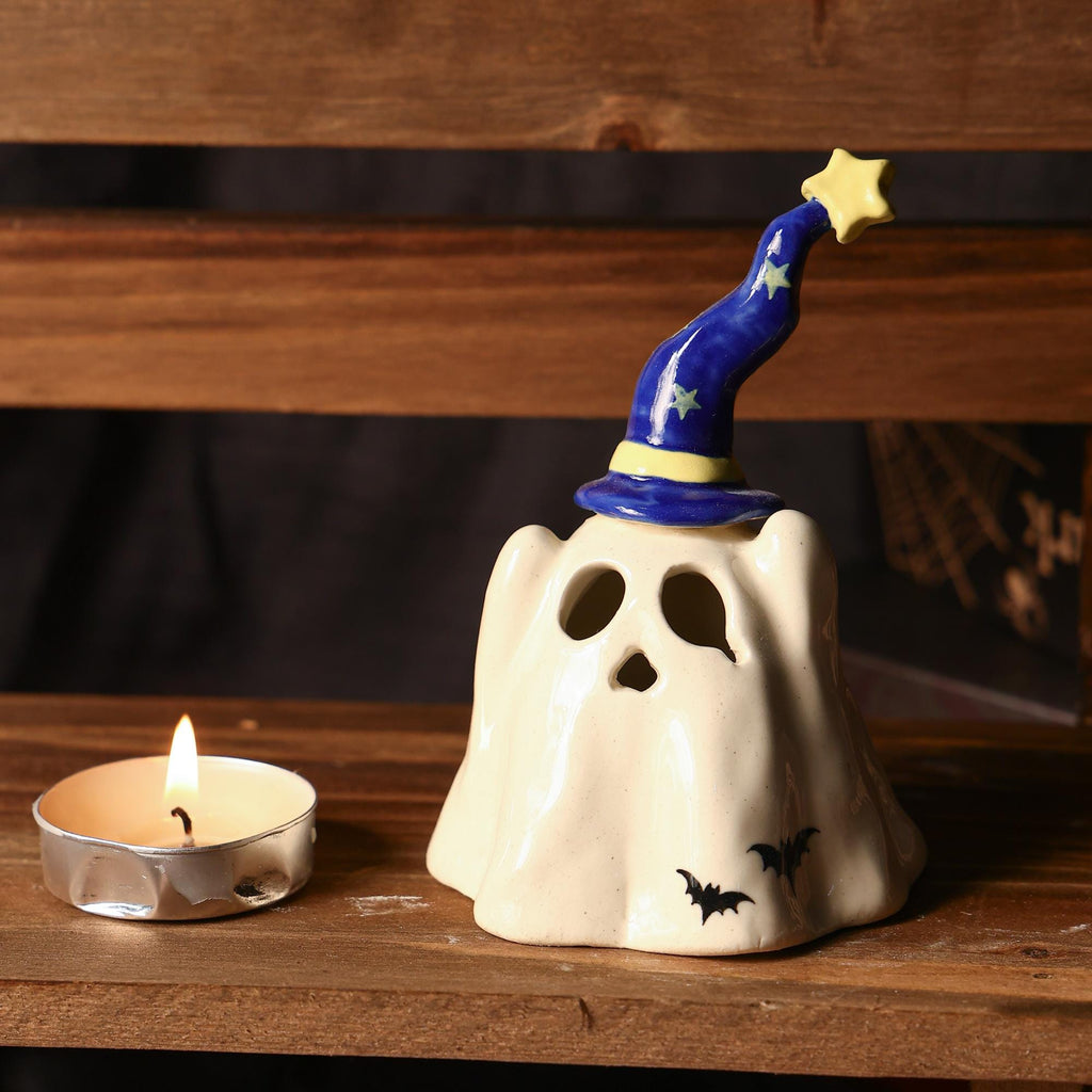 Handmade Wizard Hat Ceramic Ghost Incense Holder Candle Holder Halloween Gift Miniature Pottery Gift Incense Burner Spooky Tea Light Holder