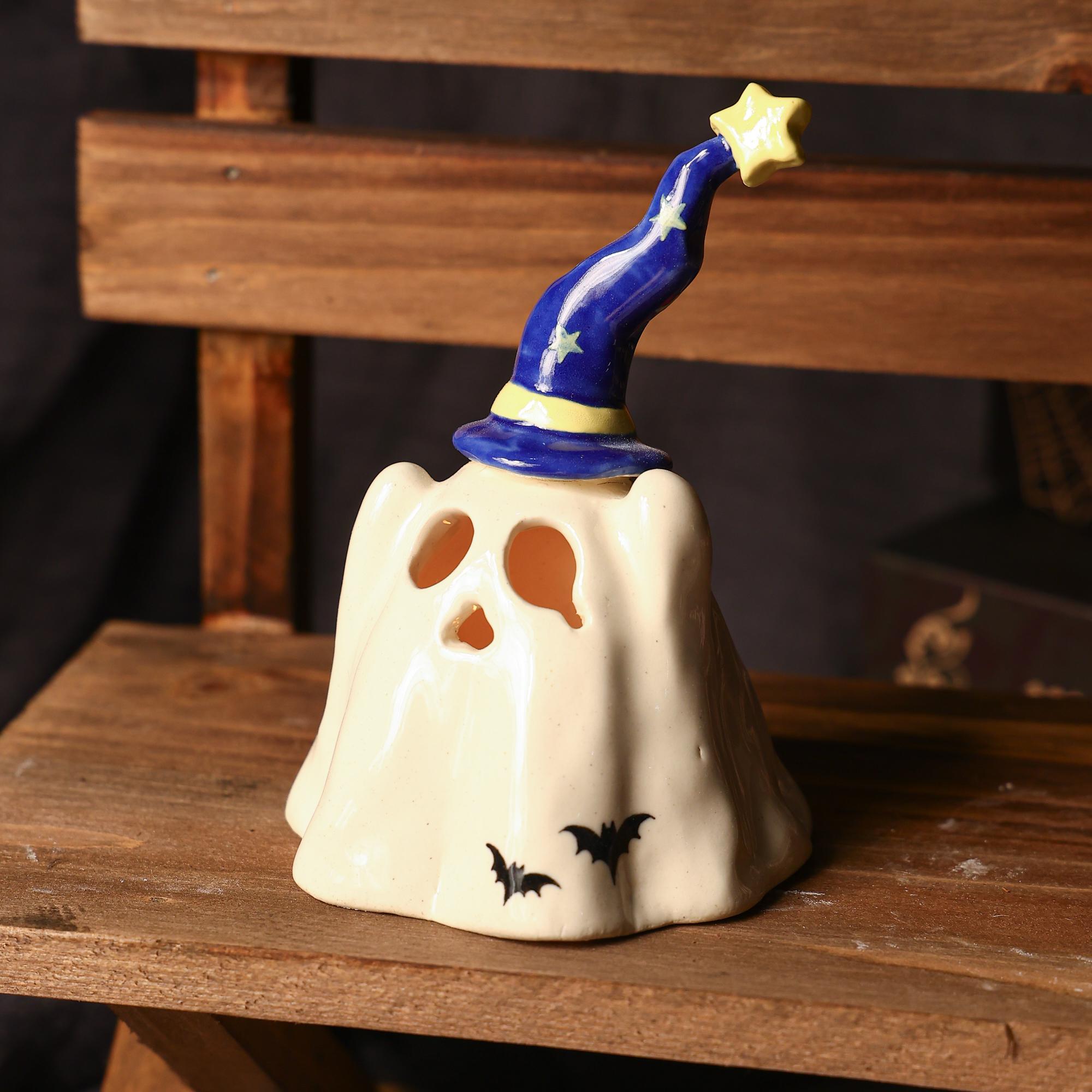 Handmade Wizard Hat Ceramic Ghost Incense Holder Candle Holder Halloween Gift Miniature Pottery Gift Incense Burner Spooky Tea Light Holder